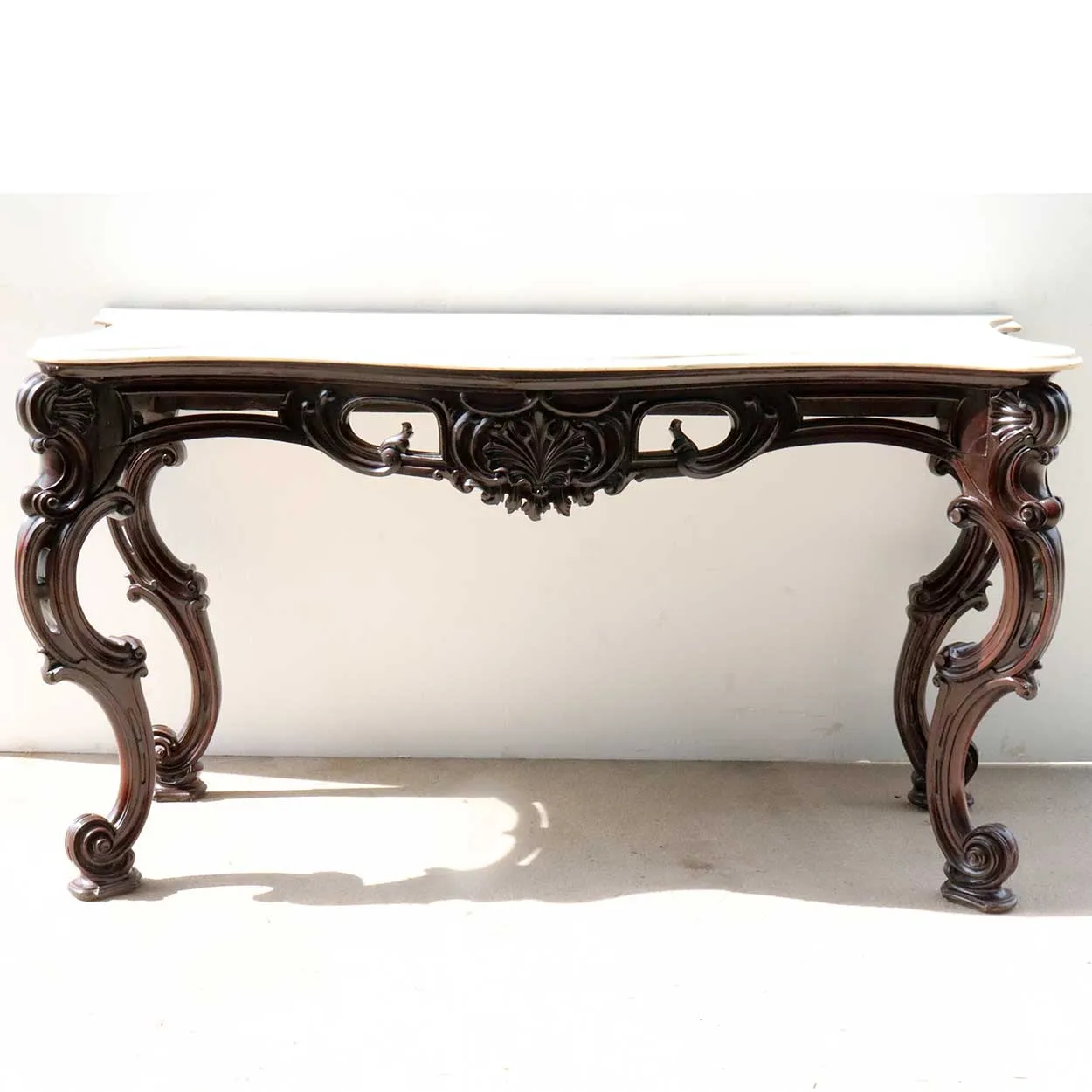 Large Pair of Anglo Indian Rococo Style Marble Top Mahogany Console Tables