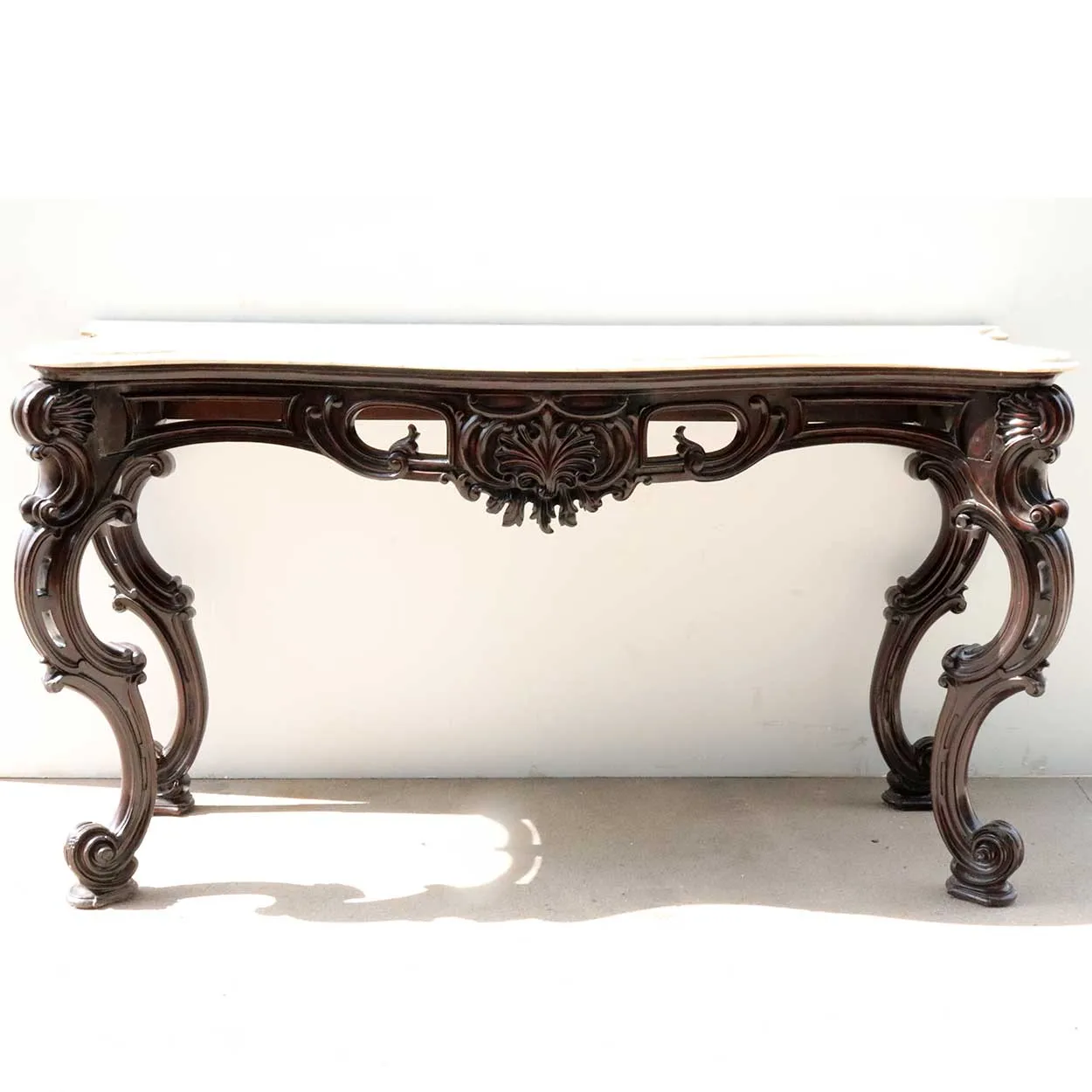 Large Pair of Anglo Indian Rococo Style Marble Top Mahogany Console Tables