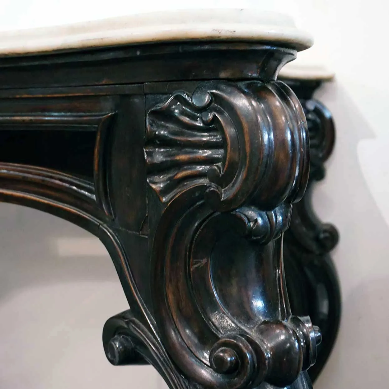 Large Pair of Anglo Indian Rococo Style Marble Top Mahogany Console Tables