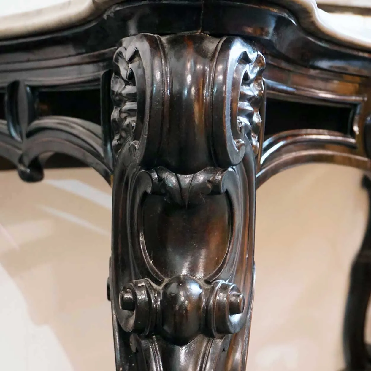 Large Pair of Anglo Indian Rococo Style Marble Top Mahogany Console Tables