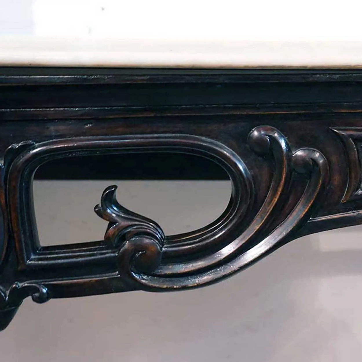 Large Pair of Anglo Indian Rococo Style Marble Top Mahogany Console Tables
