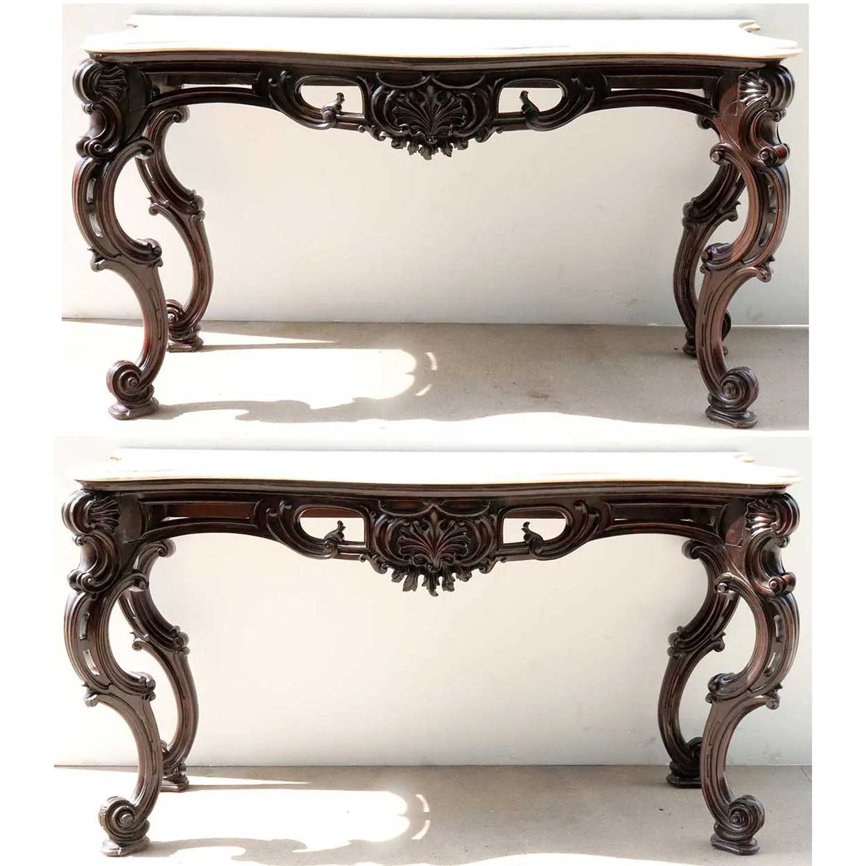Large Pair of Anglo Indian Rococo Style Marble Top Mahogany Console Tables