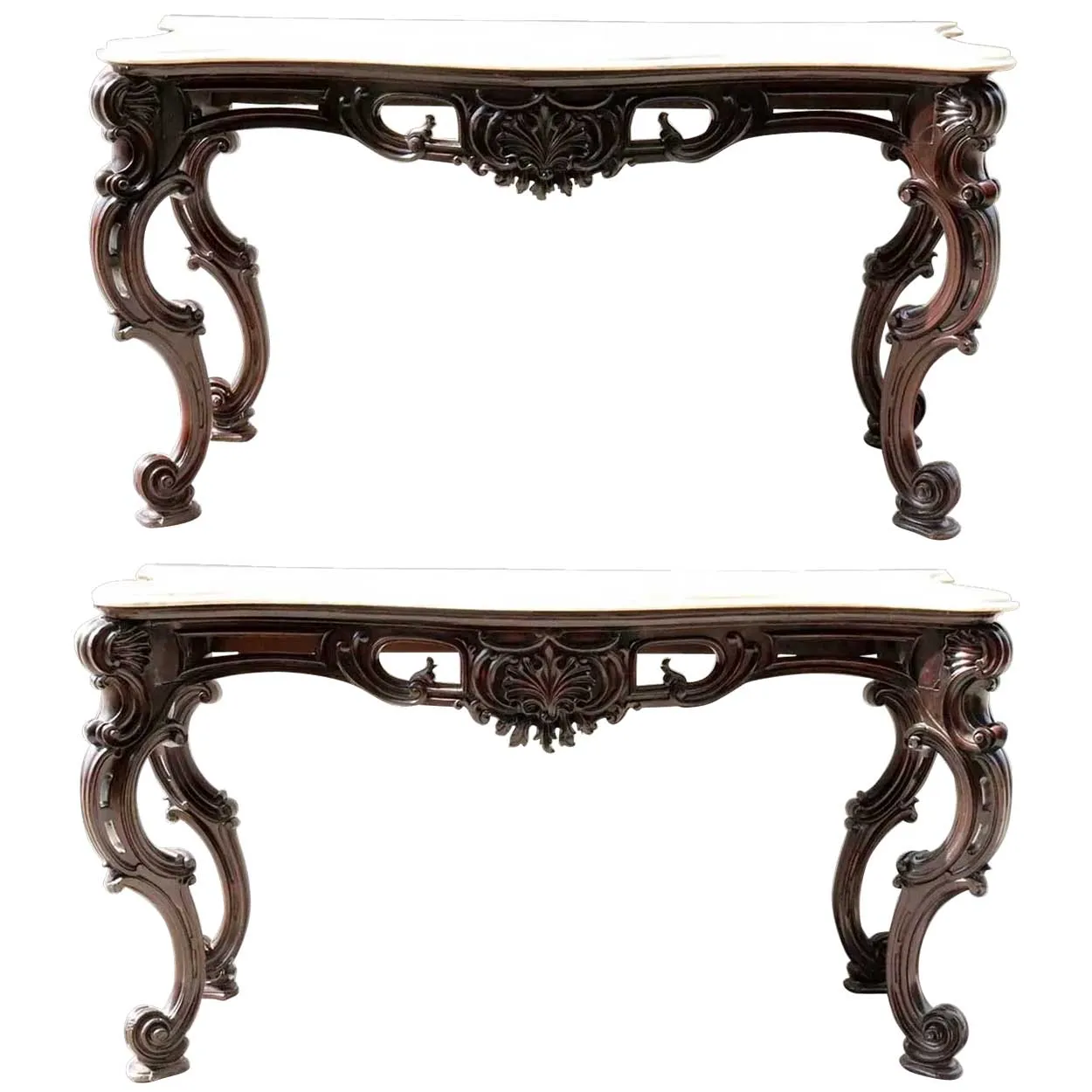 Large Pair of Anglo Indian Rococo Style Marble Top Mahogany Console Tables