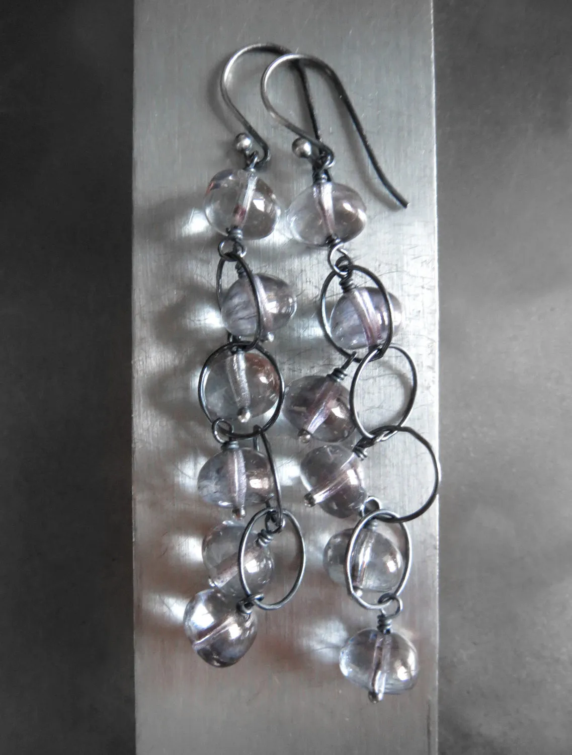 LITTLE ORBS - Soft Grey Glass Drop Earrings on Oxidized Silver Chain