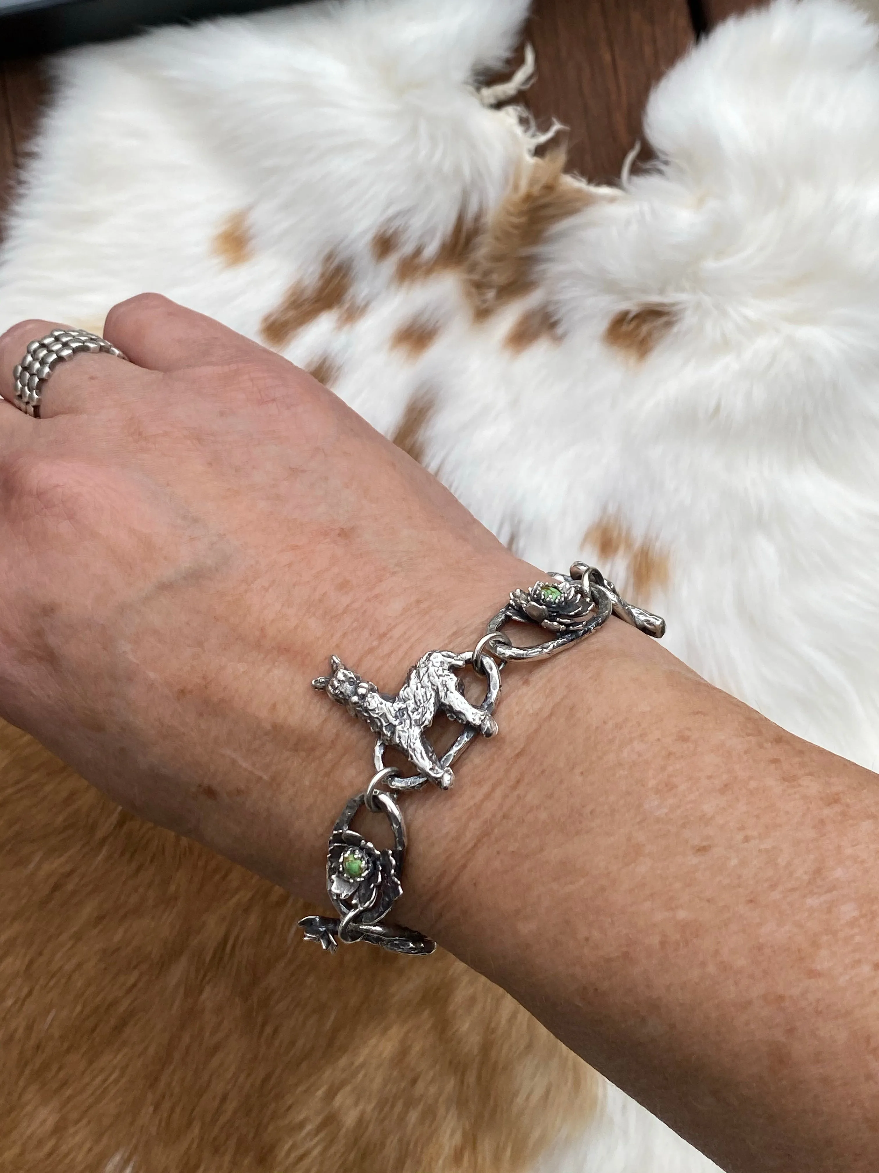 Llama & Cactus hand carved and cast sterling silver bracelet