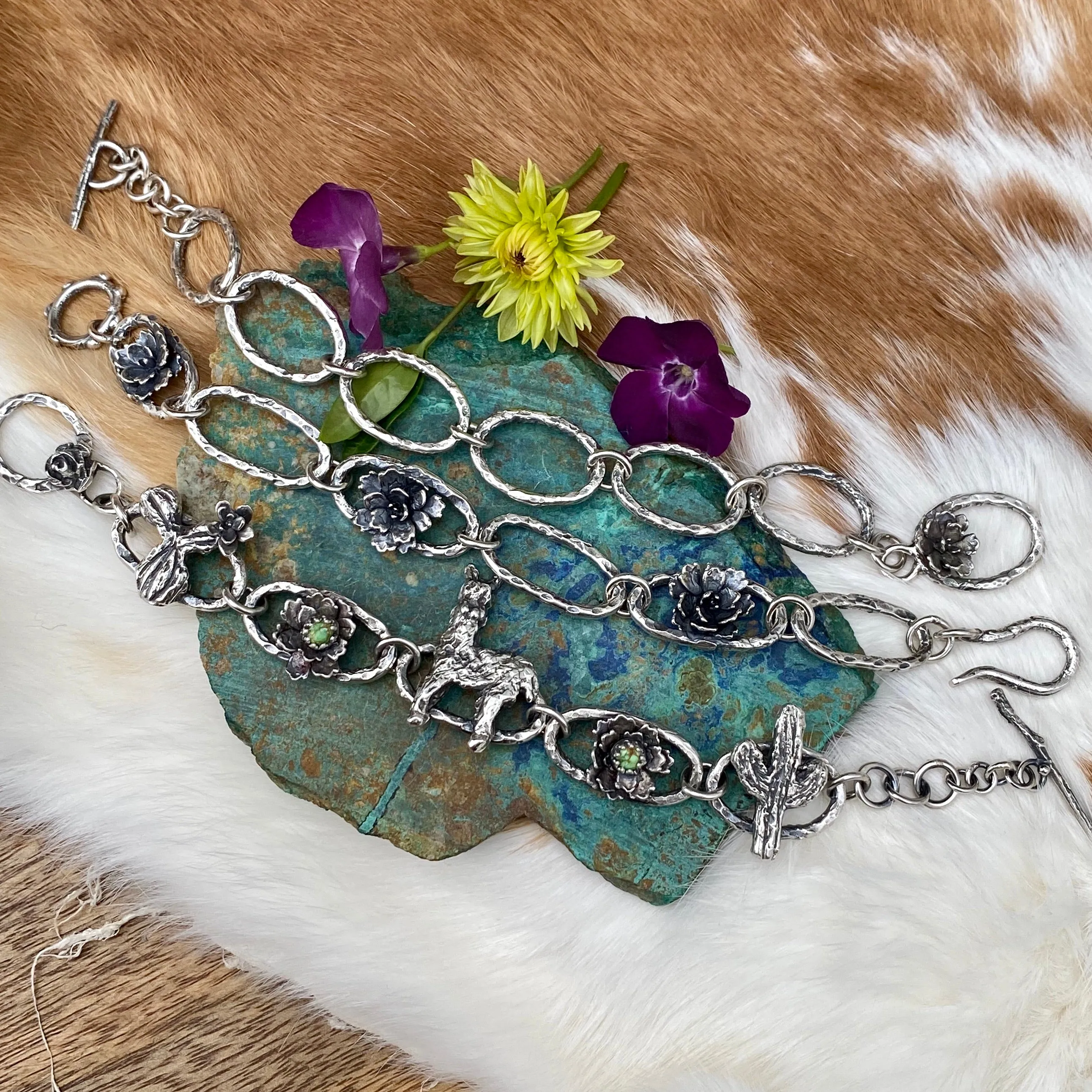 Llama & Cactus hand carved and cast sterling silver bracelet