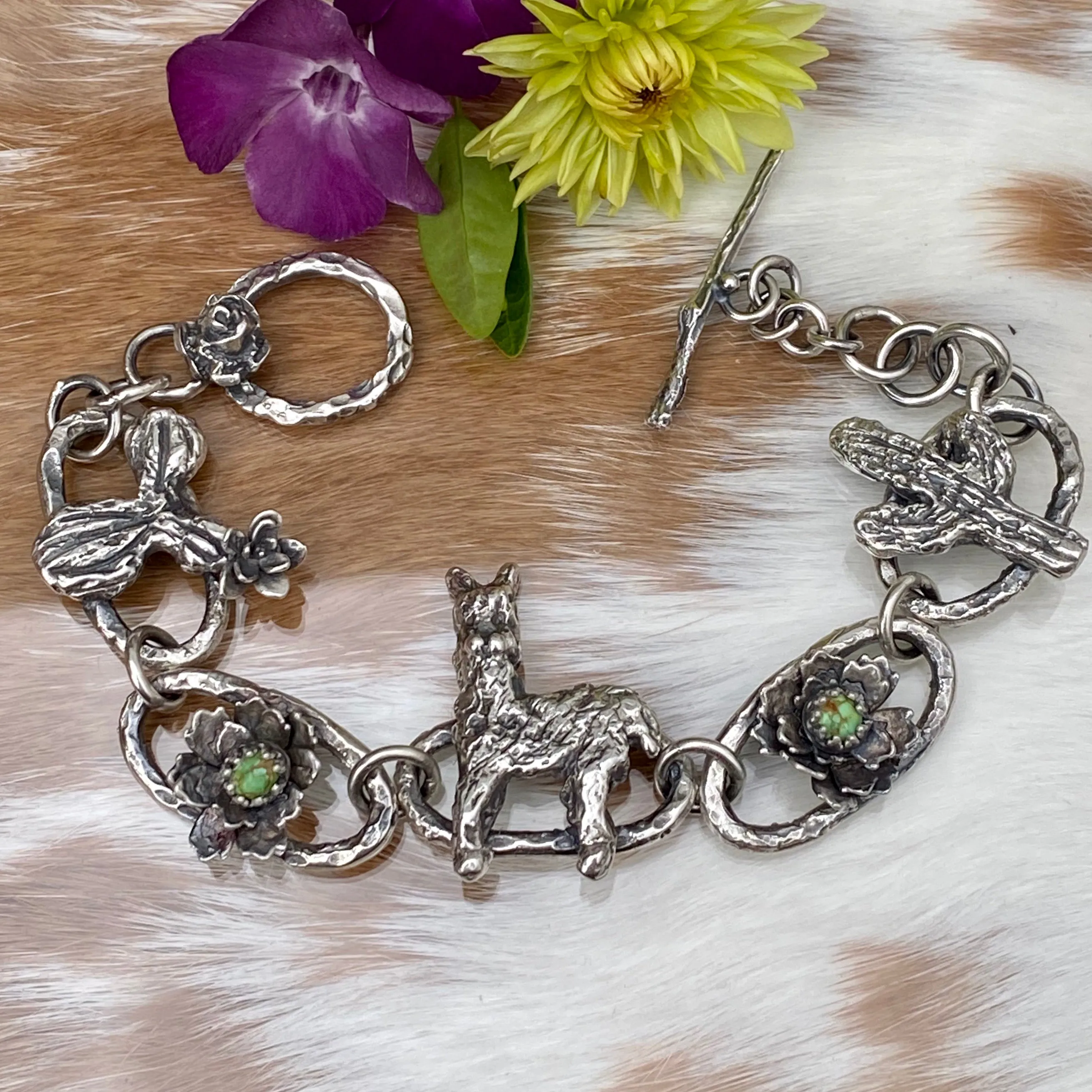 Llama & Cactus hand carved and cast sterling silver bracelet