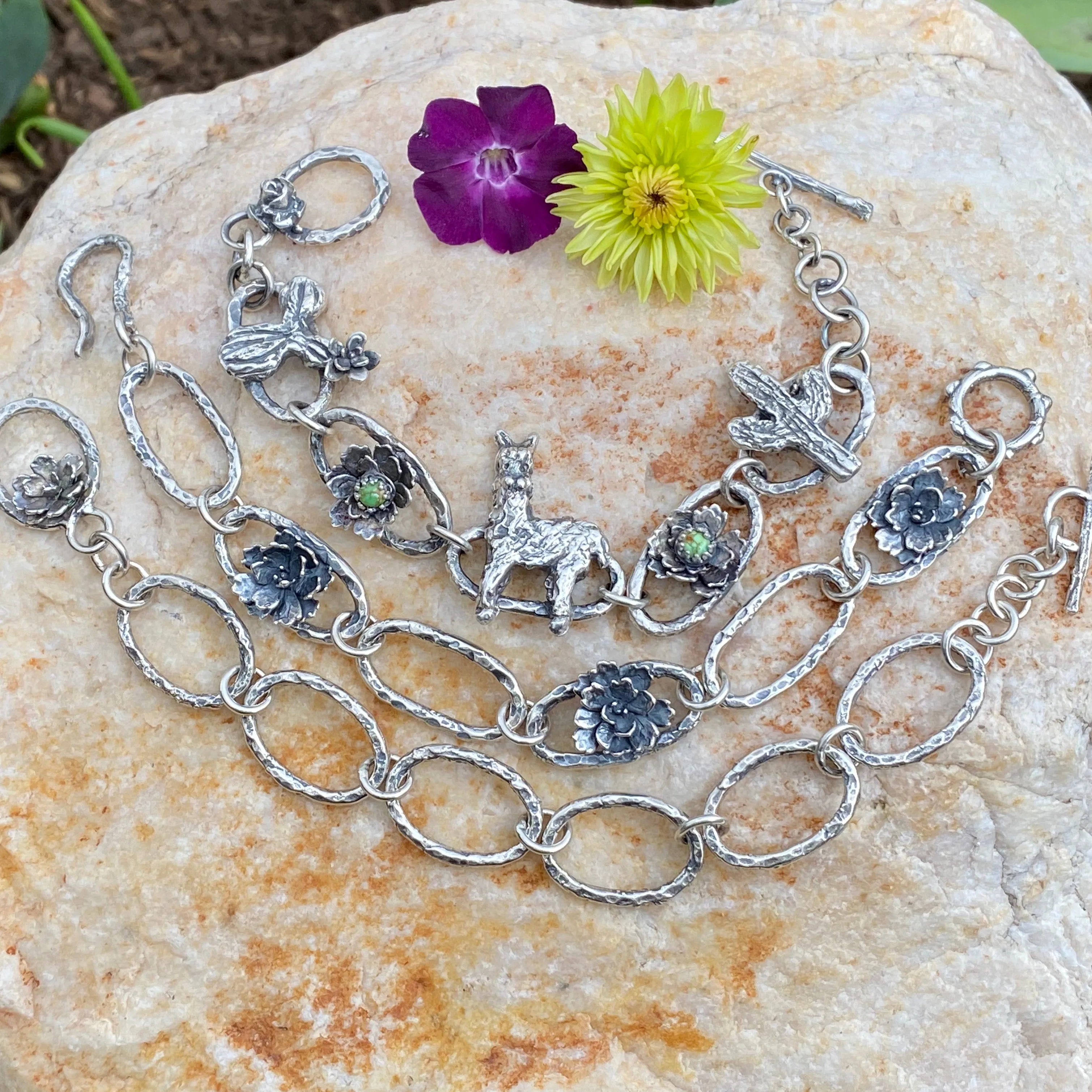 Llama & Cactus hand carved and cast sterling silver bracelet