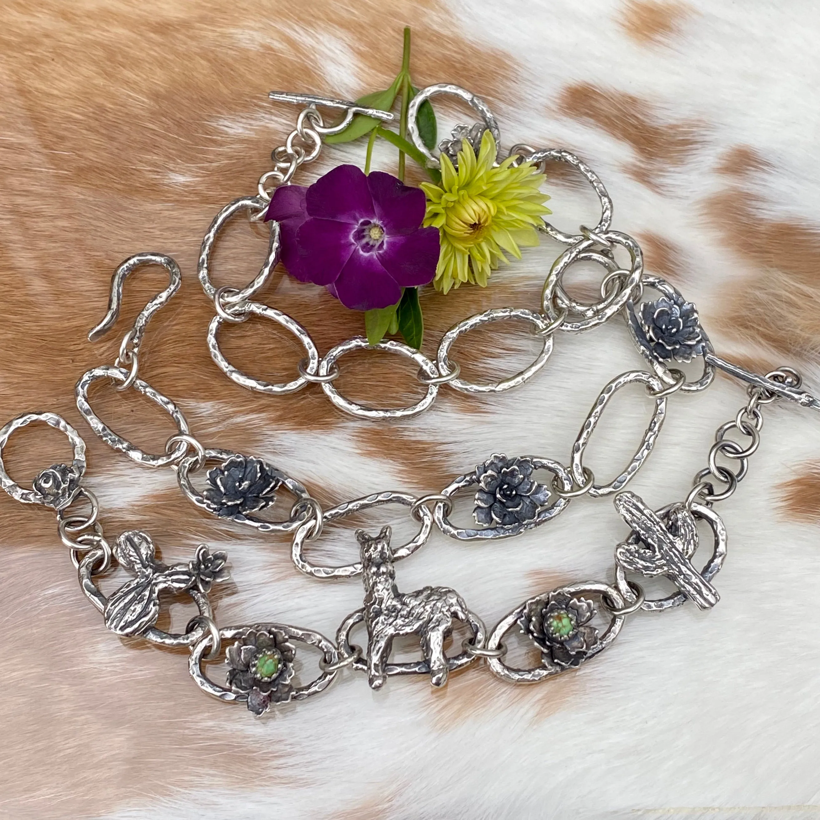 Llama & Cactus hand carved and cast sterling silver bracelet