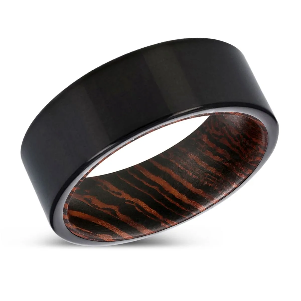 MANOLIS | Wenge Wood, Black Tungsten Ring, Shiny, Flat