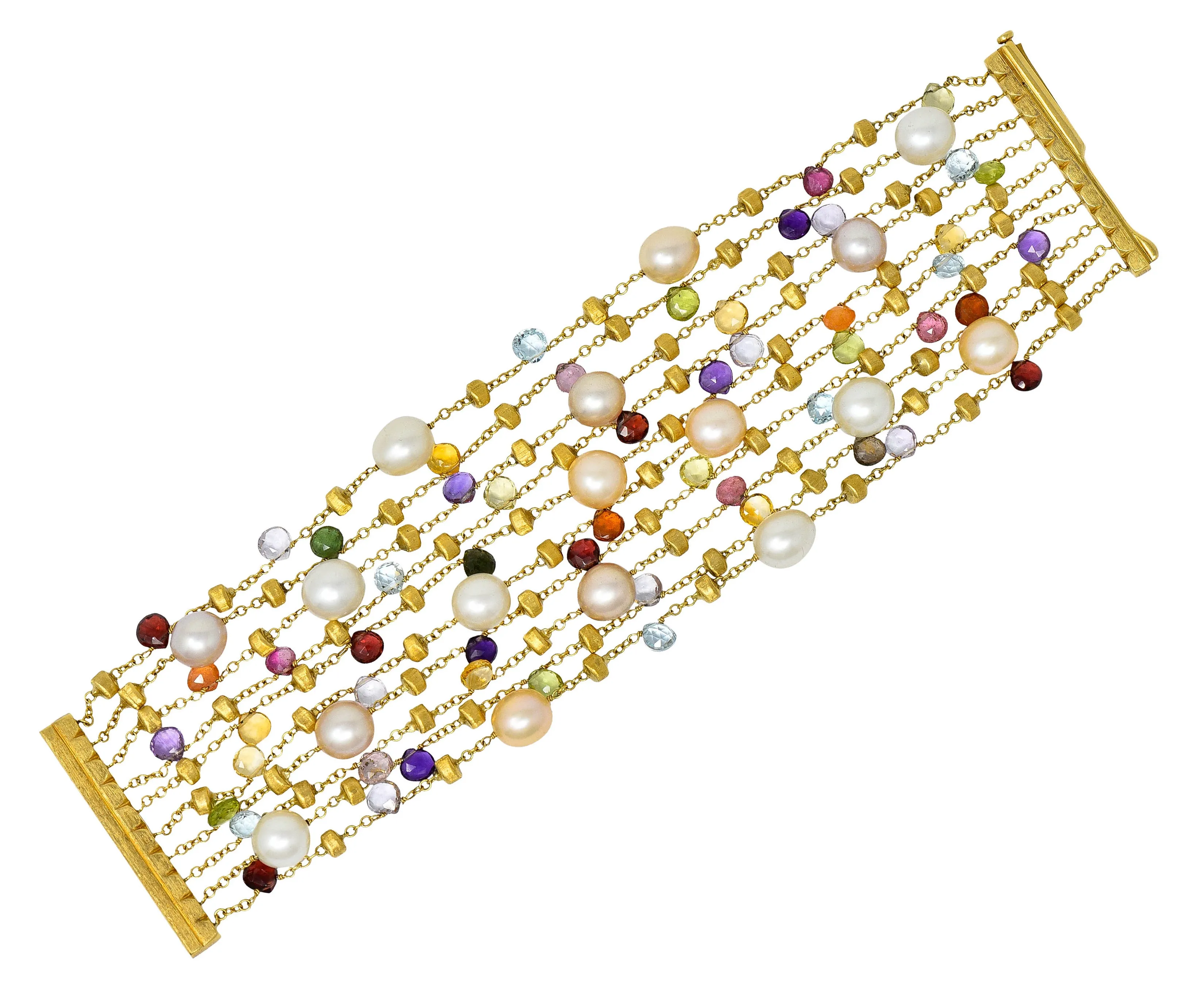 Marco Bicego Italian Multi-Gem Peridot Pearl 18 Karat Gold Paradise Strand Bracelet