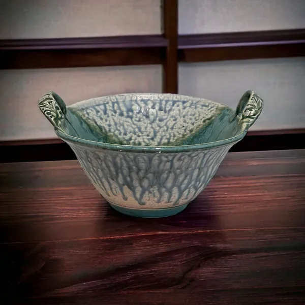 Medium Bowl with design on handles Green Glaze
