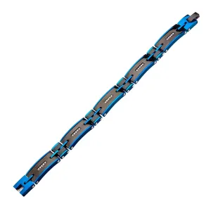 Mens Stainless Steel Solid Carbon Graphite and Blue IP with Clear CZ Gem Link Bracelet