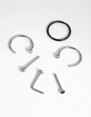 Mixed Metal Surgical Steel Classic Nose Ring & Stud 6-Pack