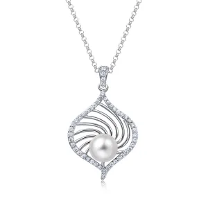 Molah Silver Freshwater Pearl and Cubic Zirconia Swirl Leaf Pendant Necklace