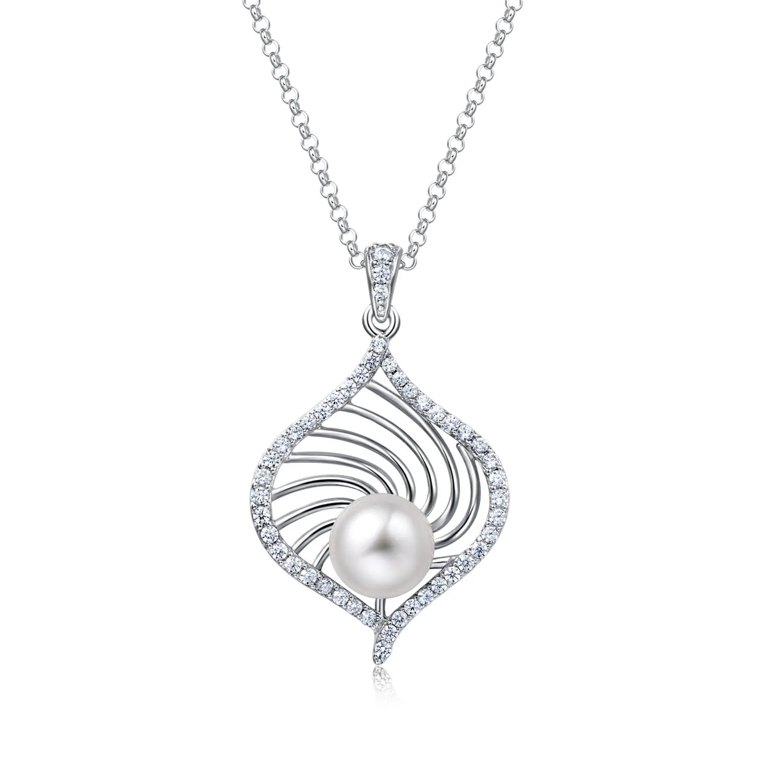 Molah Silver Freshwater Pearl and Cubic Zirconia Swirl Leaf Pendant Necklace