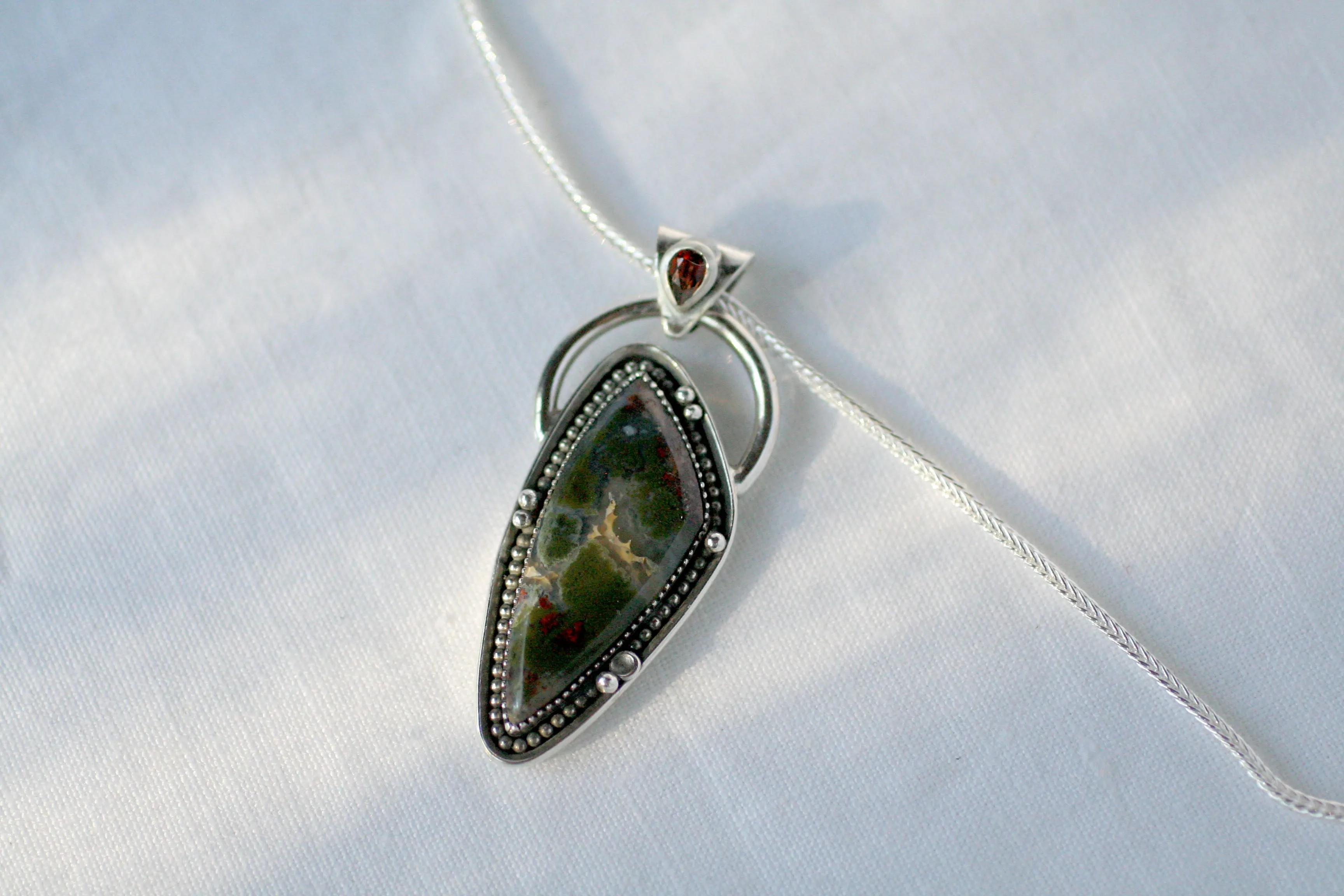 Moss Agate Garnet Pendant