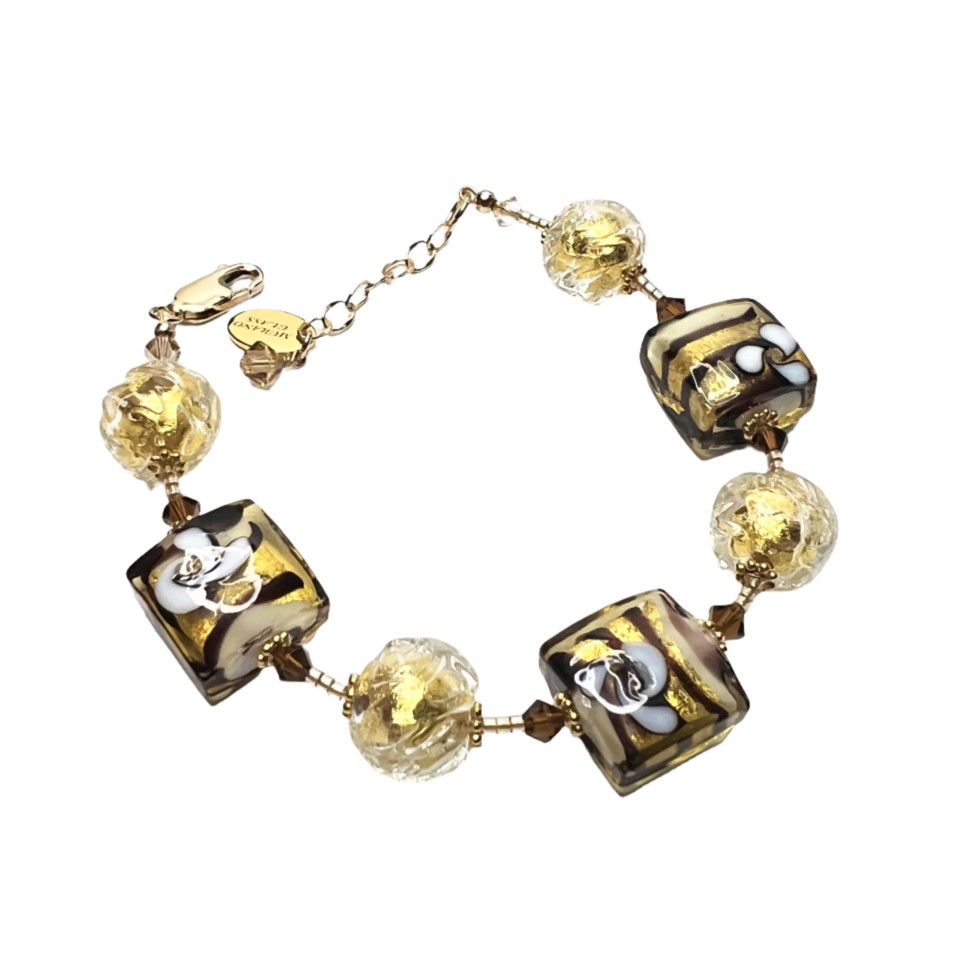 Murano Glass Italian Brown Gold Square Flower Bracelet