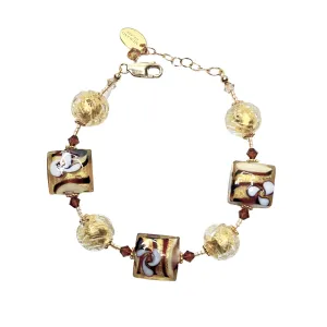 Murano Glass Italian Brown Gold Square Flower Bracelet