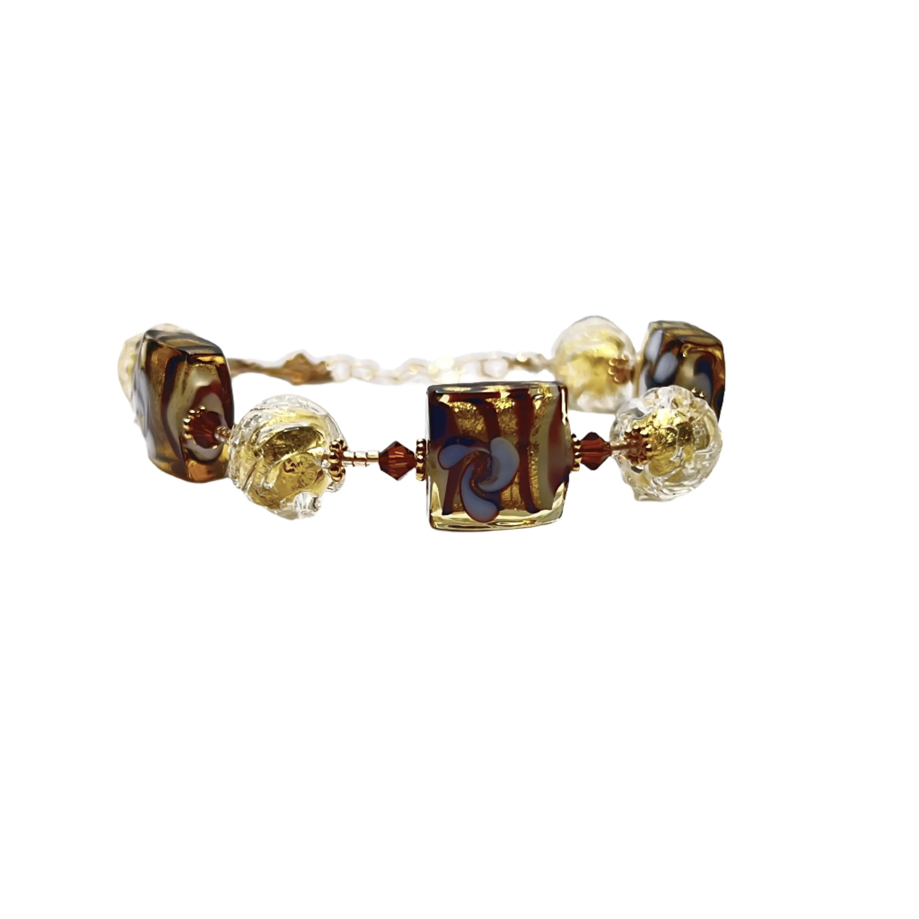 Murano Glass Italian Brown Gold Square Flower Bracelet