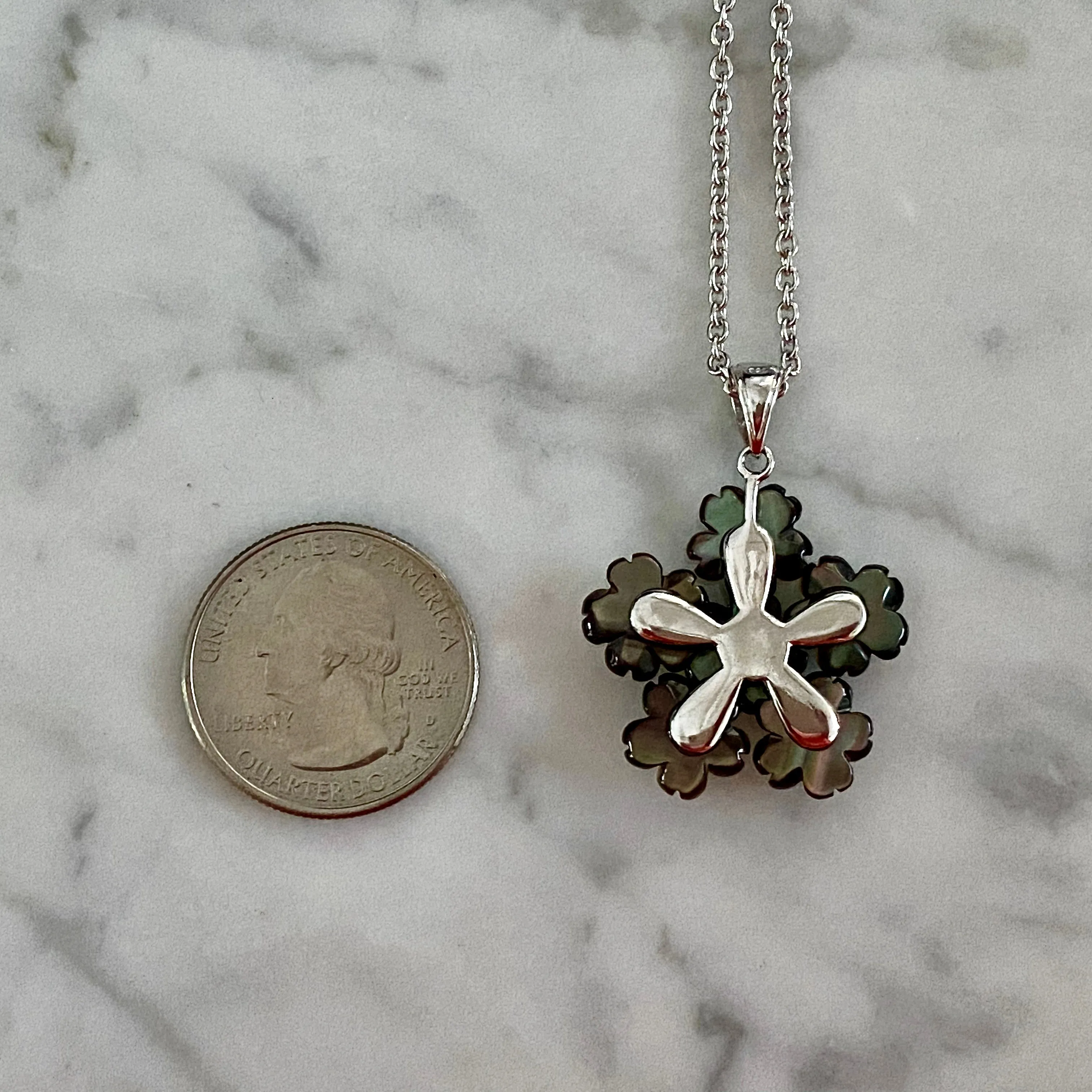 Natural Black Mother of Pearl Flower Bouquet Pendant on Adjustable 18-20 inch length cable chain with lobster clasp / Rhodium-Plated Sterling Silver