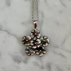 Natural Black Mother of Pearl Flower Bouquet Pendant on Adjustable 18-20 inch length cable chain with lobster clasp / Rhodium-Plated Sterling Silver