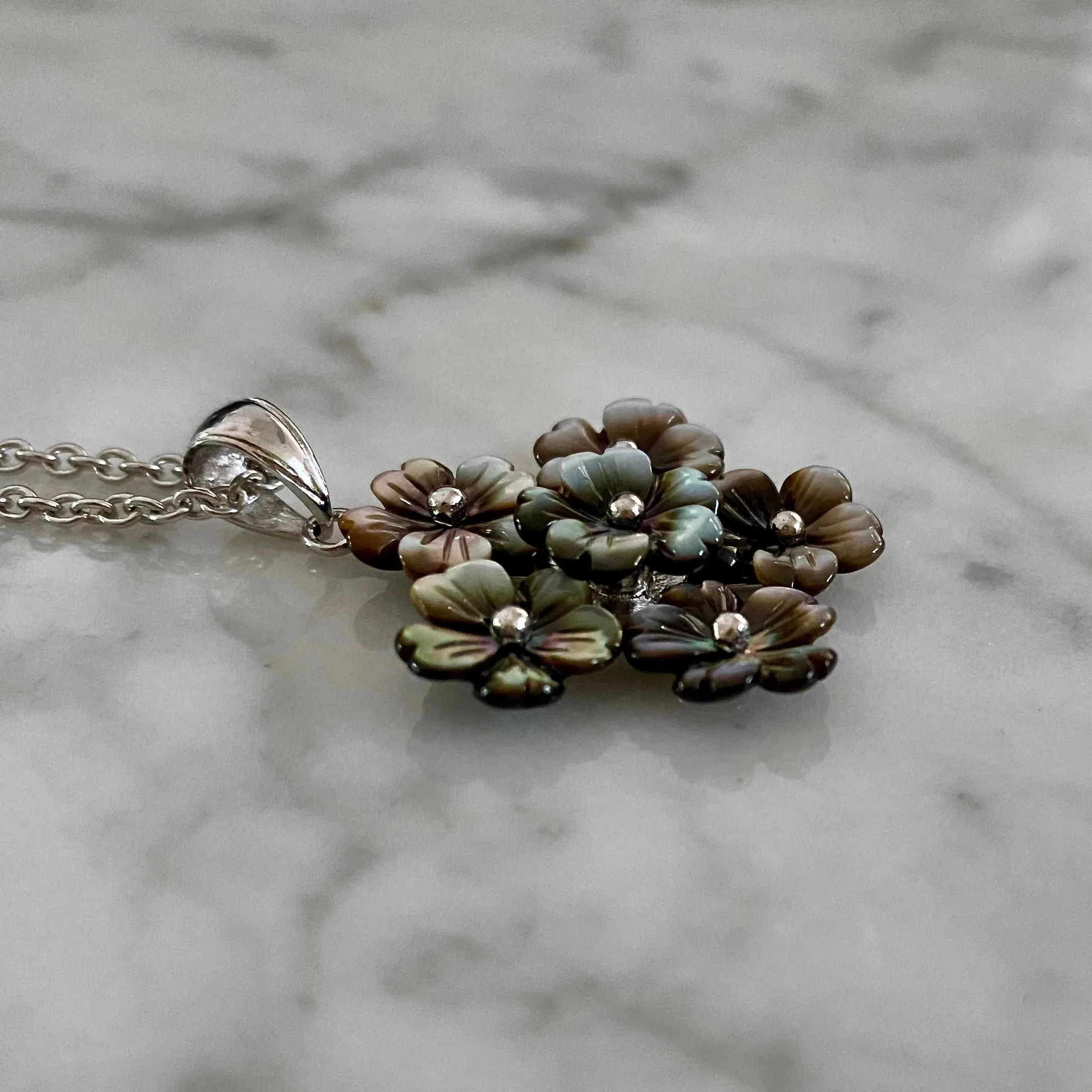 Natural Black Mother of Pearl Flower Bouquet Pendant on Adjustable 18-20 inch length cable chain with lobster clasp / Rhodium-Plated Sterling Silver