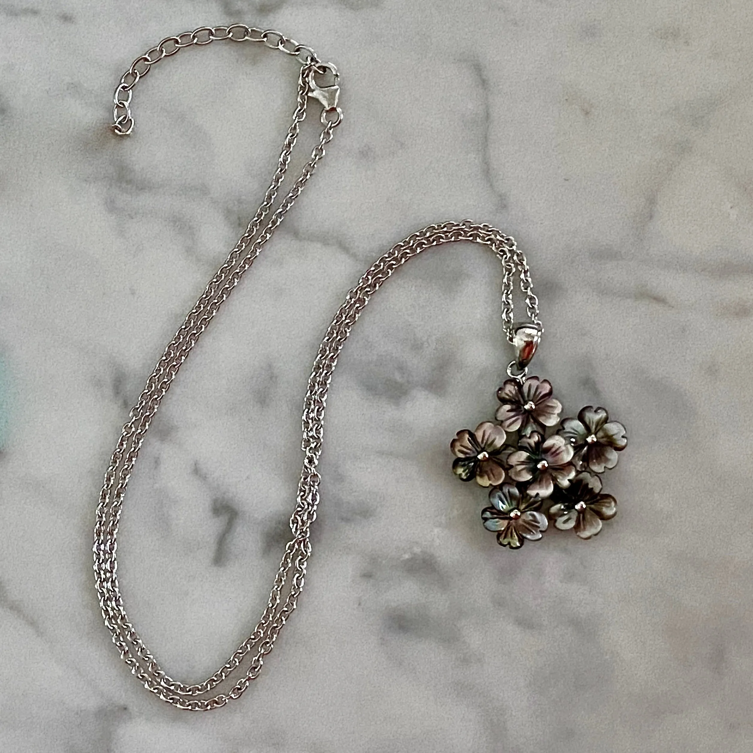 Natural Black Mother of Pearl Flower Bouquet Pendant on Adjustable 18-20 inch length cable chain with lobster clasp / Rhodium-Plated Sterling Silver