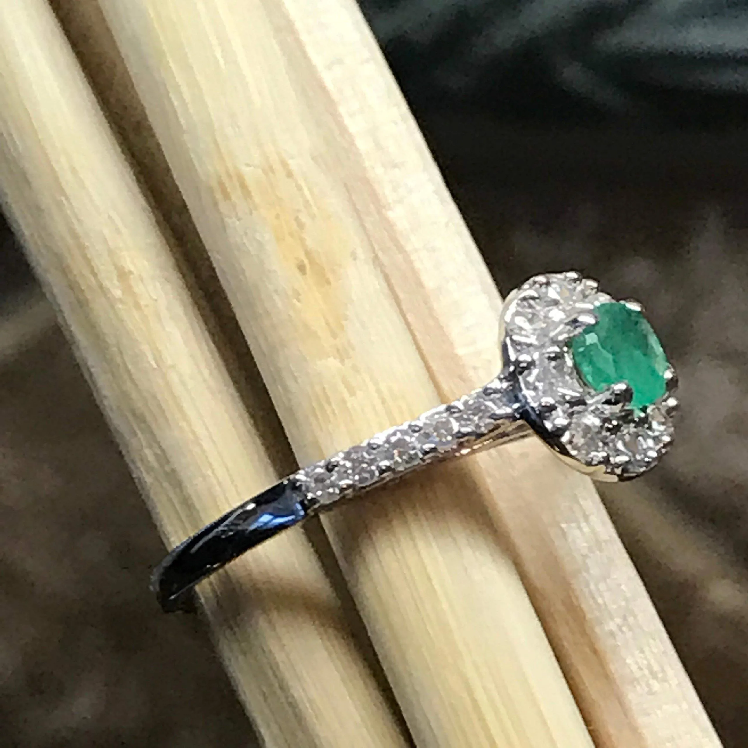 Natural Green Emerald 925 Solid Sterling Silver Engagement Ring Size 6, 7, 8, 9