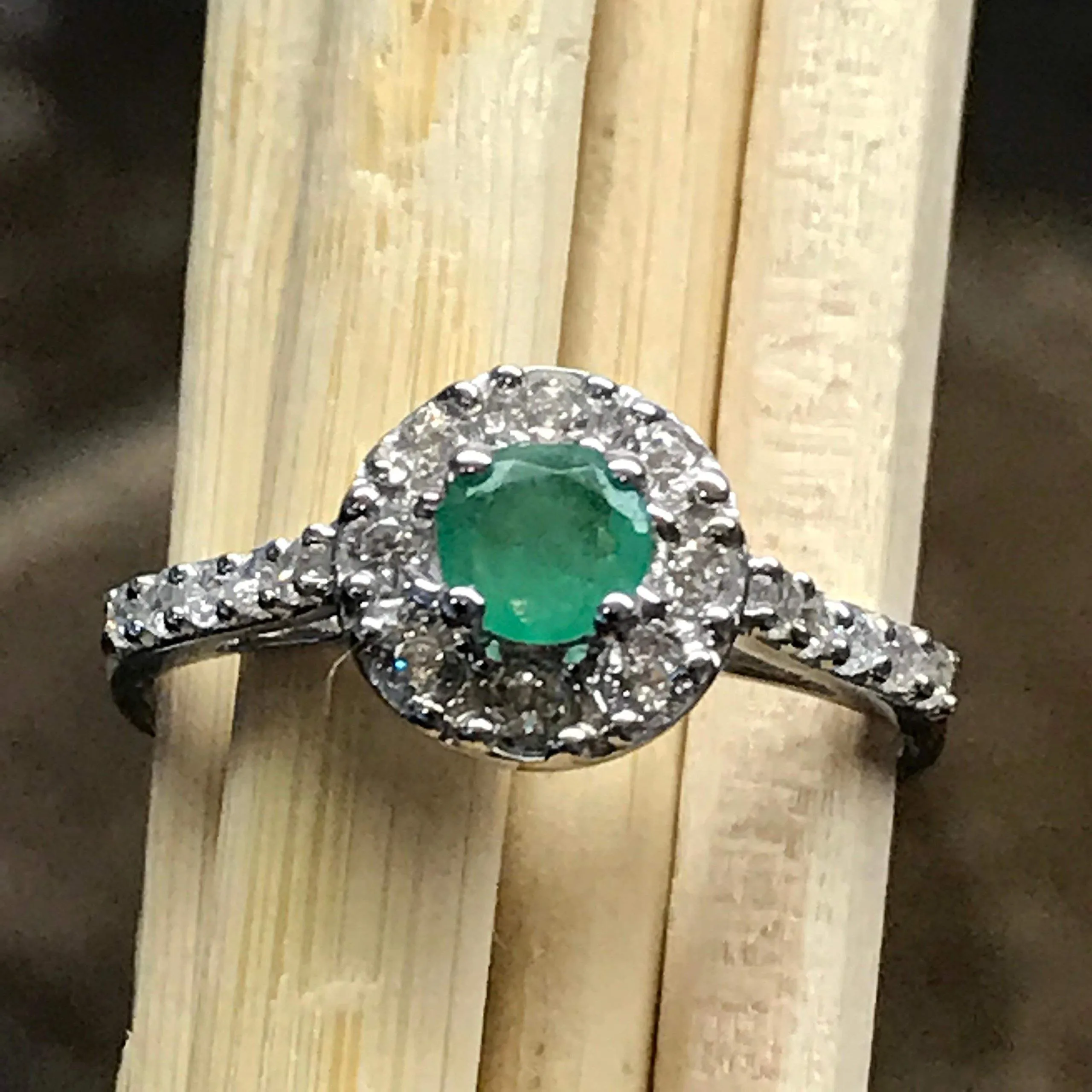 Natural Green Emerald 925 Solid Sterling Silver Engagement Ring Size 6, 7, 8, 9