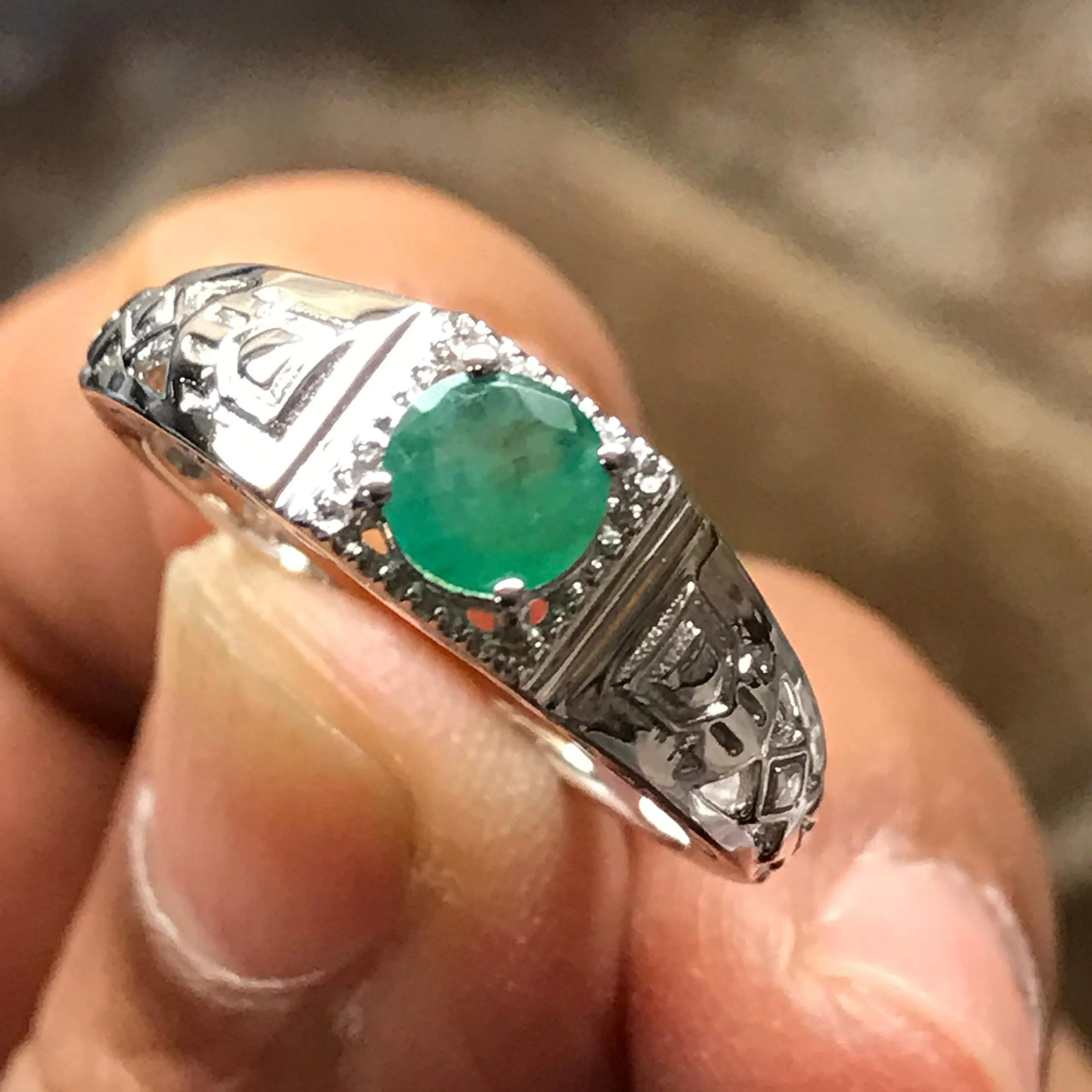 Natural Green Emerald 925 Solid Sterling Silver Unisex Engagement Ring Size 6, 7, 8, 9