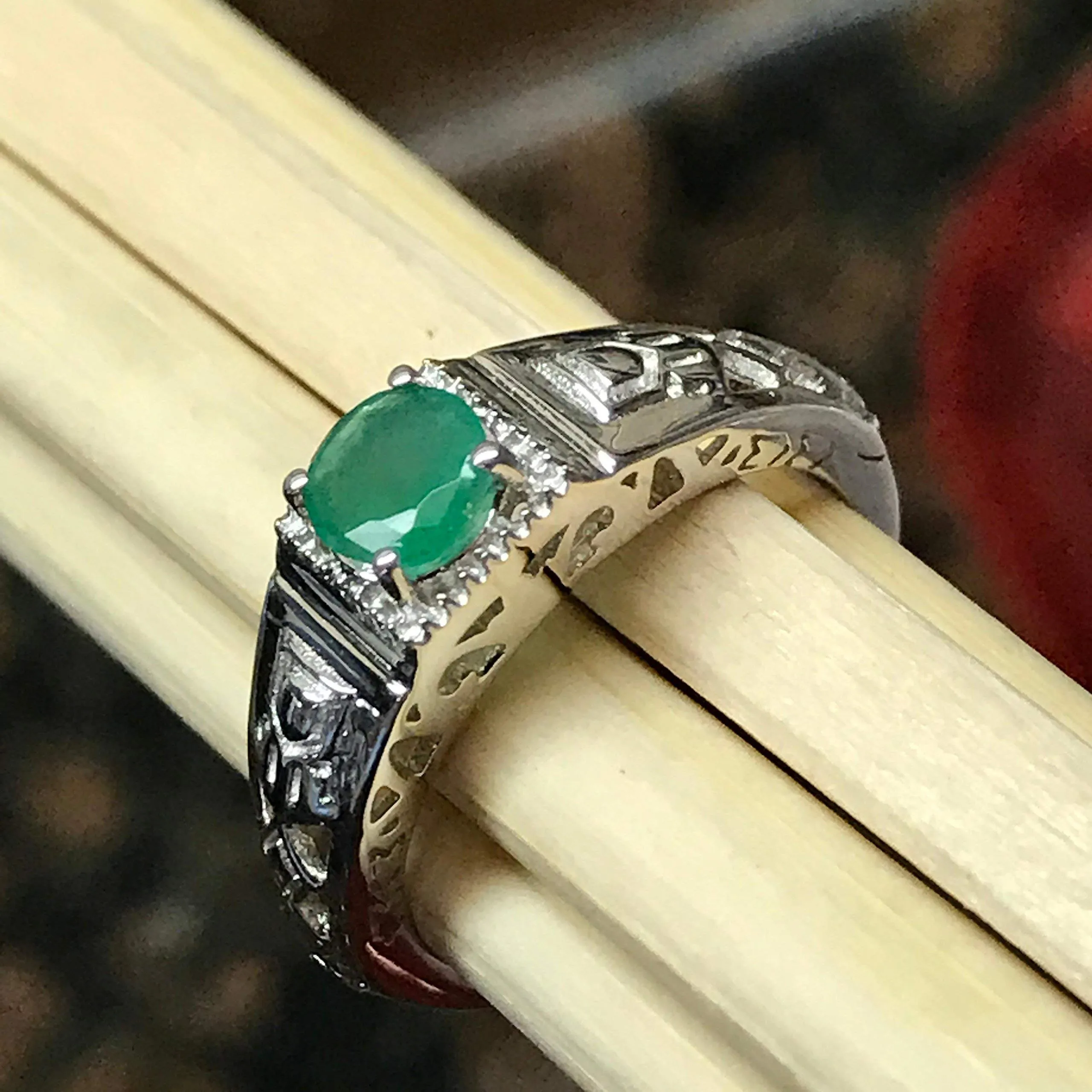 Natural Green Emerald 925 Solid Sterling Silver Unisex Engagement Ring Size 6, 7, 8, 9