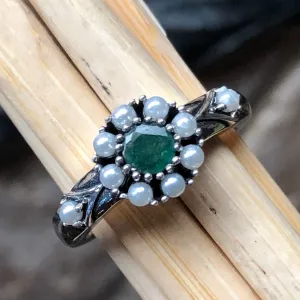 Natural Green Emerald, Freshwater Cultured Pearl 925 Sterling Silver Engagement Ring Size 6, 7, 8, 9