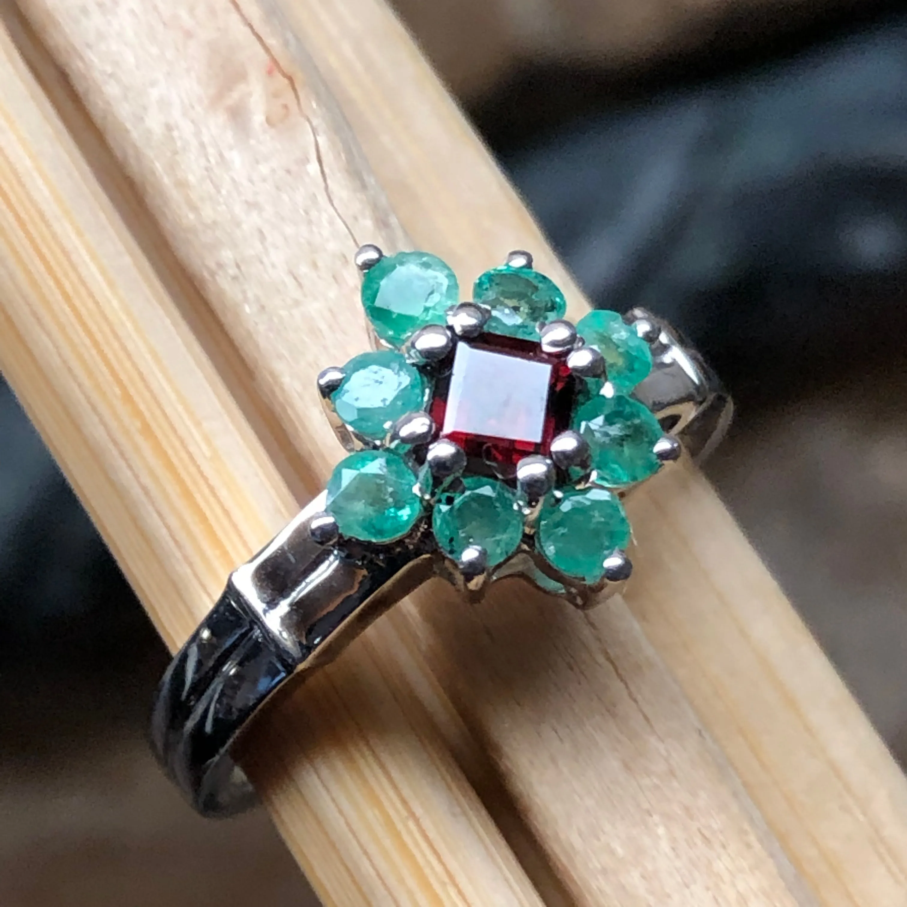 Natural Green Emerald, Pyrope Garnet 925 Sterling Silver Engagement Ring Size 6, 7, 8, 9