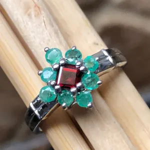 Natural Green Emerald, Pyrope Garnet 925 Sterling Silver Engagement Ring Size 6, 7, 8, 9