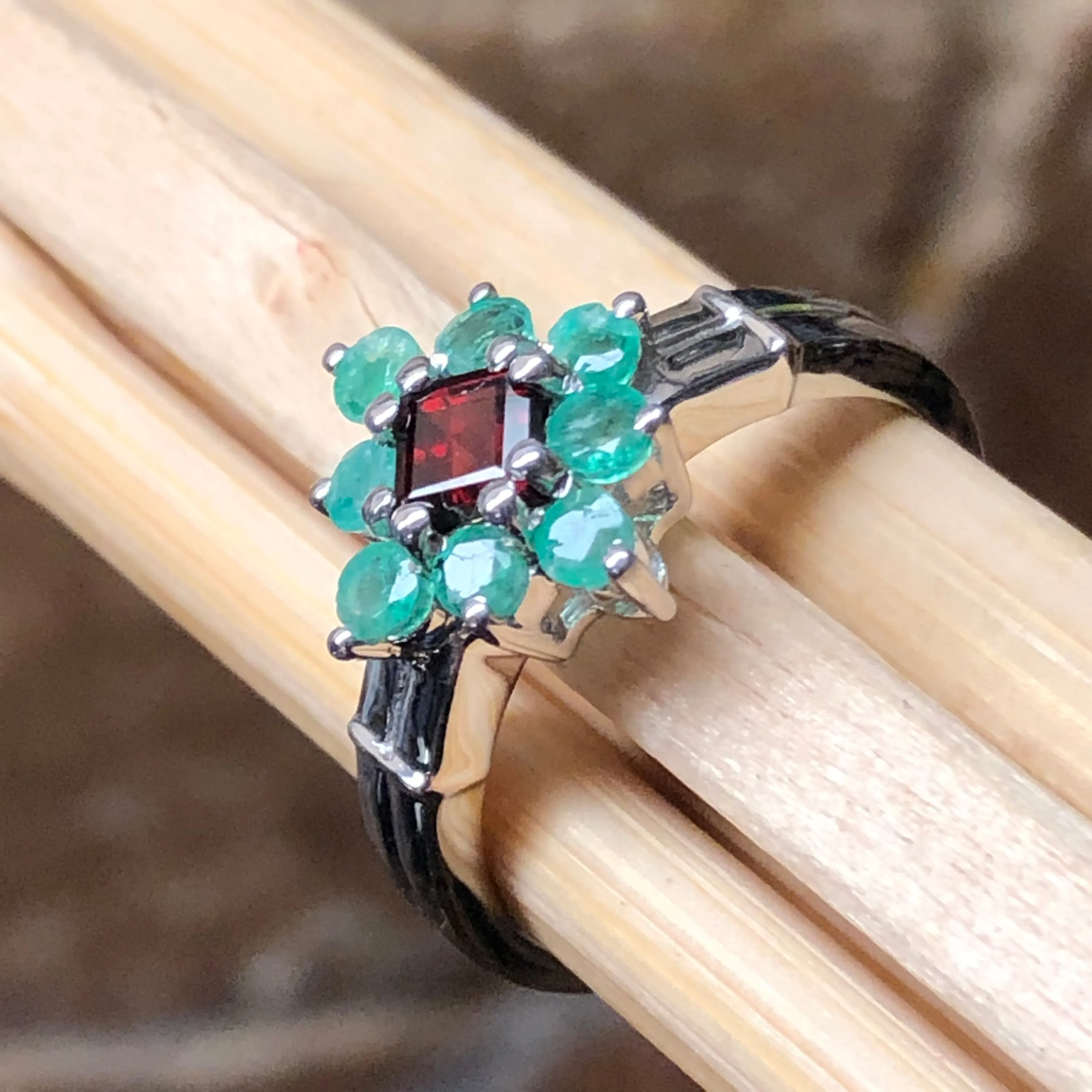 Natural Green Emerald, Pyrope Garnet 925 Sterling Silver Engagement Ring Size 6, 7, 8, 9