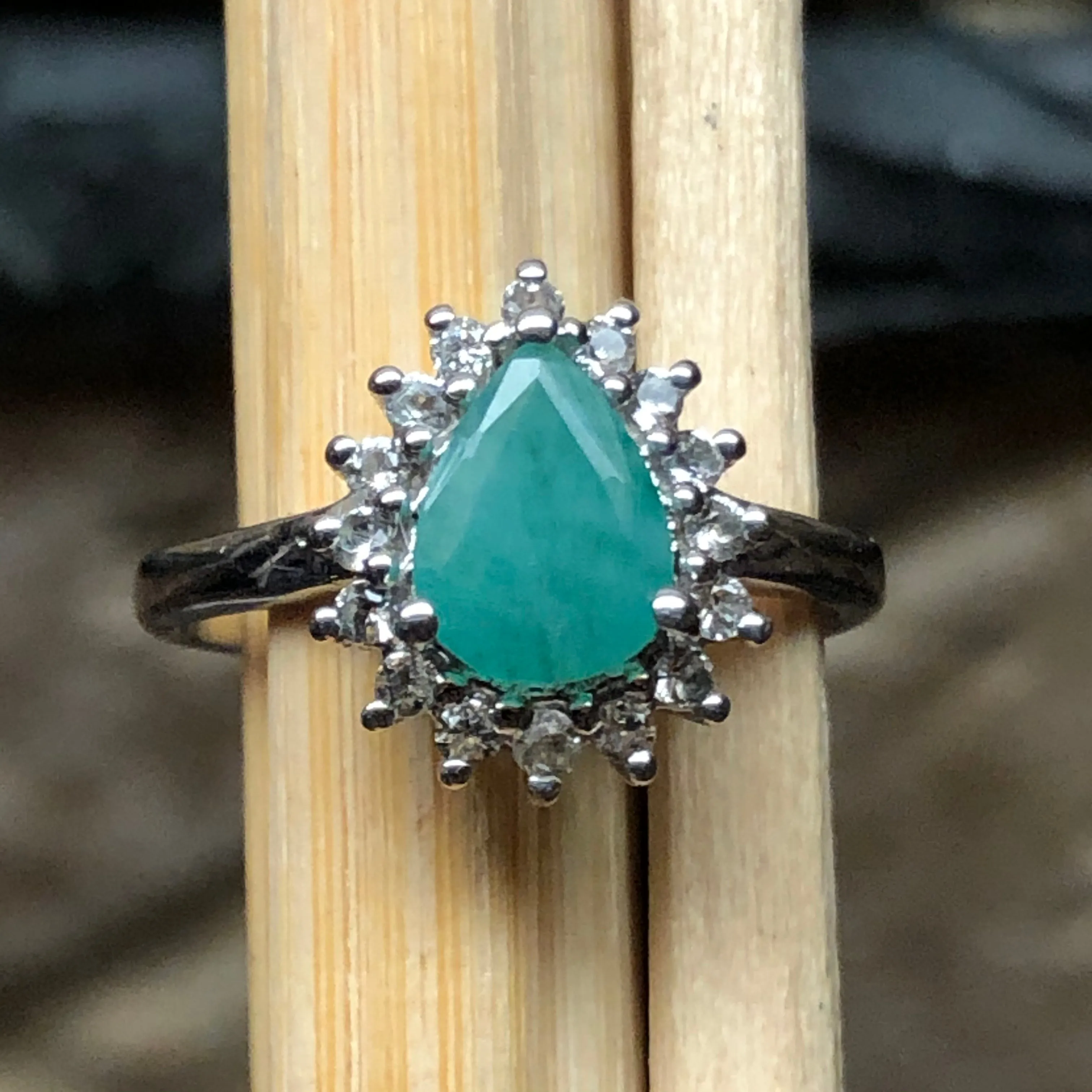 Natural Green Emerald, White Topaz 925 Solid Sterling Silver Engagement Ring Size 6, 7, 8, 9