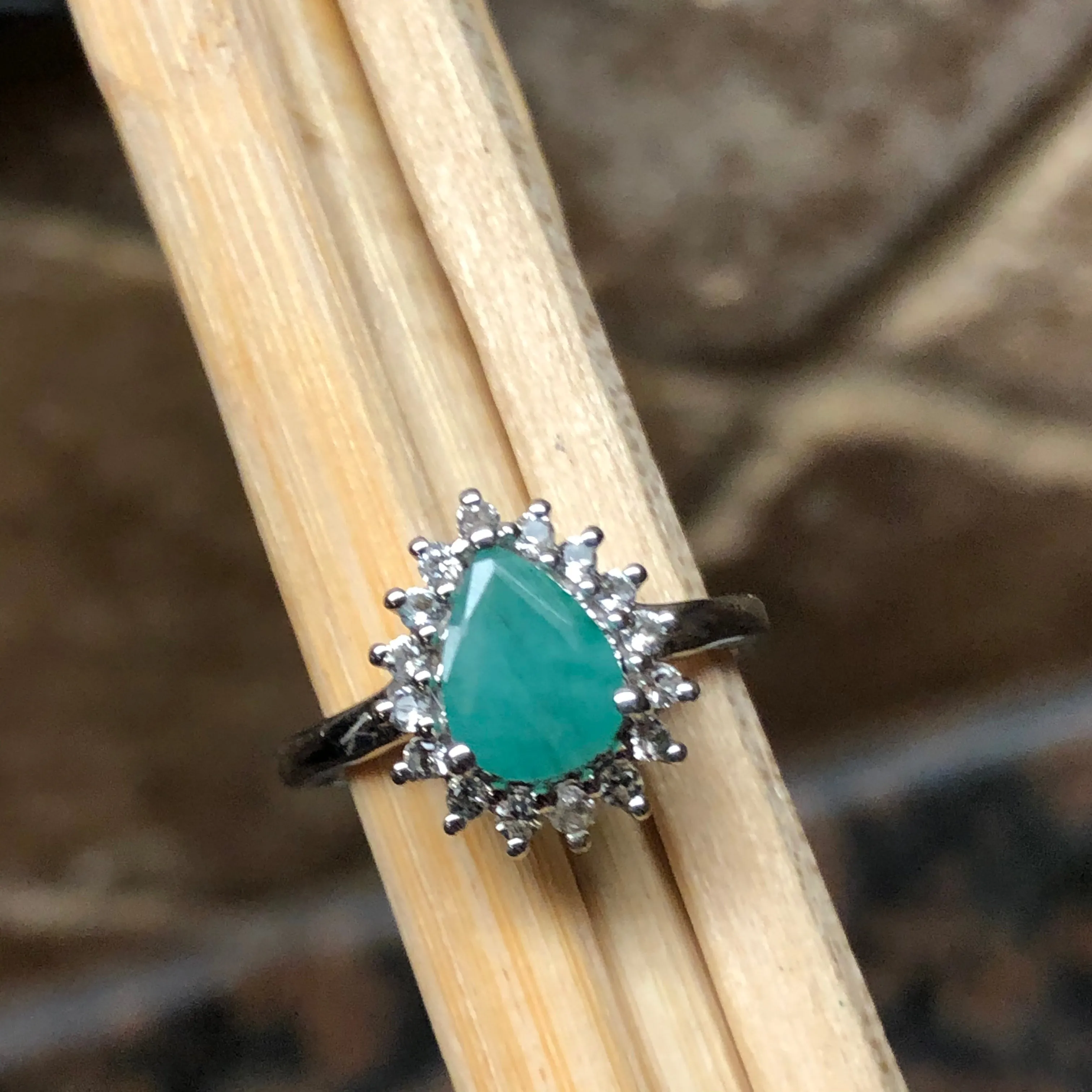 Natural Green Emerald, White Topaz 925 Solid Sterling Silver Engagement Ring Size 6, 7, 8, 9