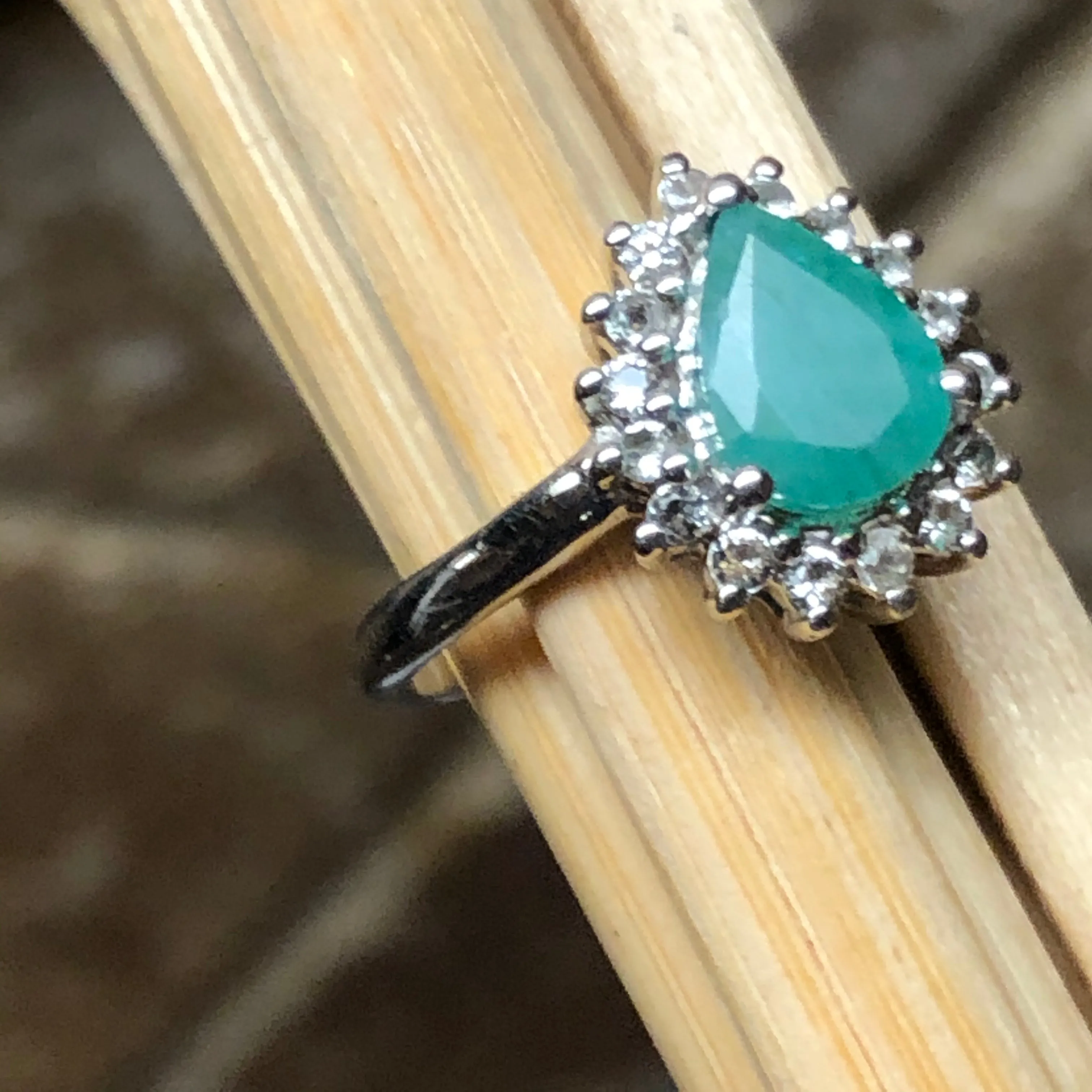 Natural Green Emerald, White Topaz 925 Solid Sterling Silver Engagement Ring Size 6, 7, 8, 9