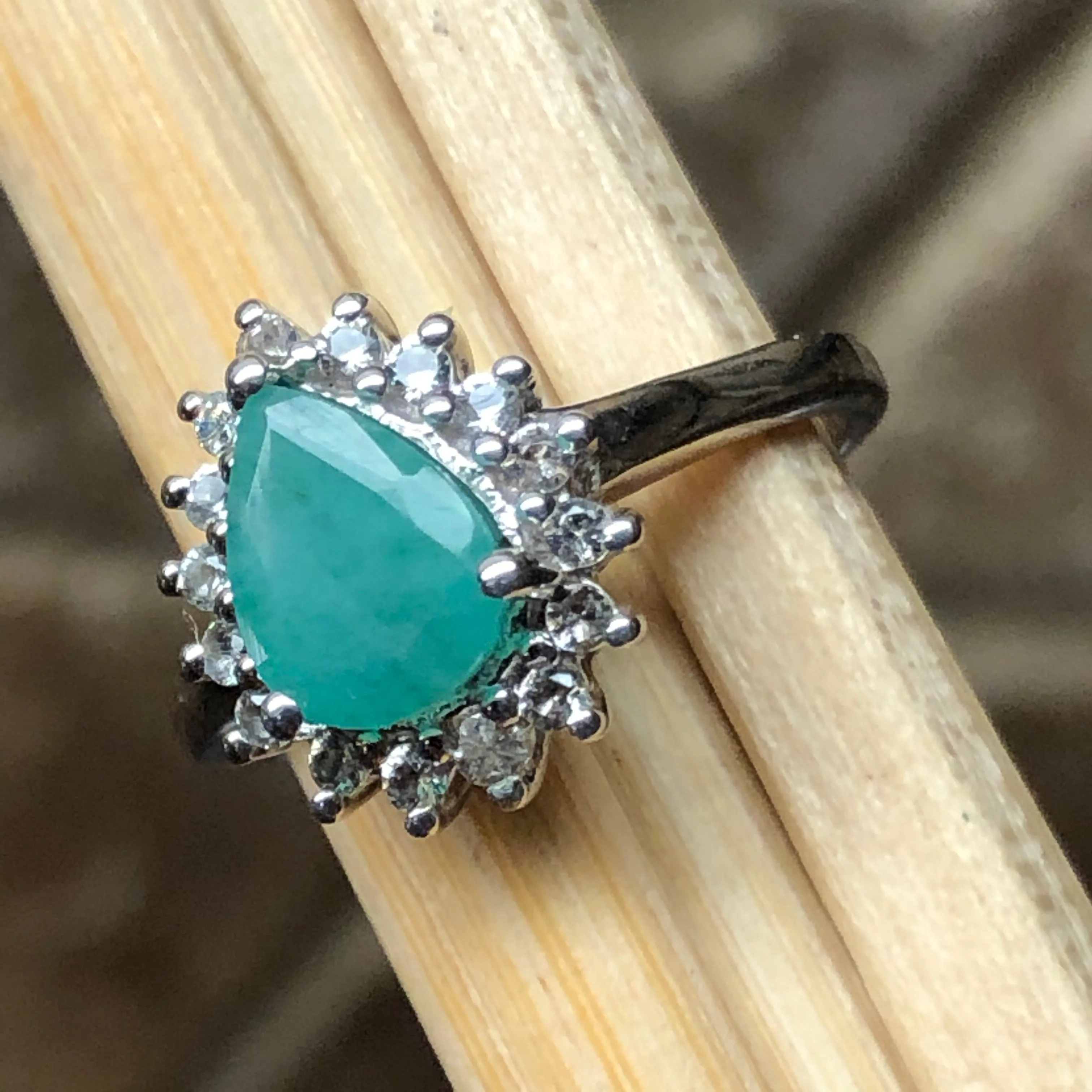 Natural Green Emerald, White Topaz 925 Solid Sterling Silver Engagement Ring Size 6, 7, 8, 9