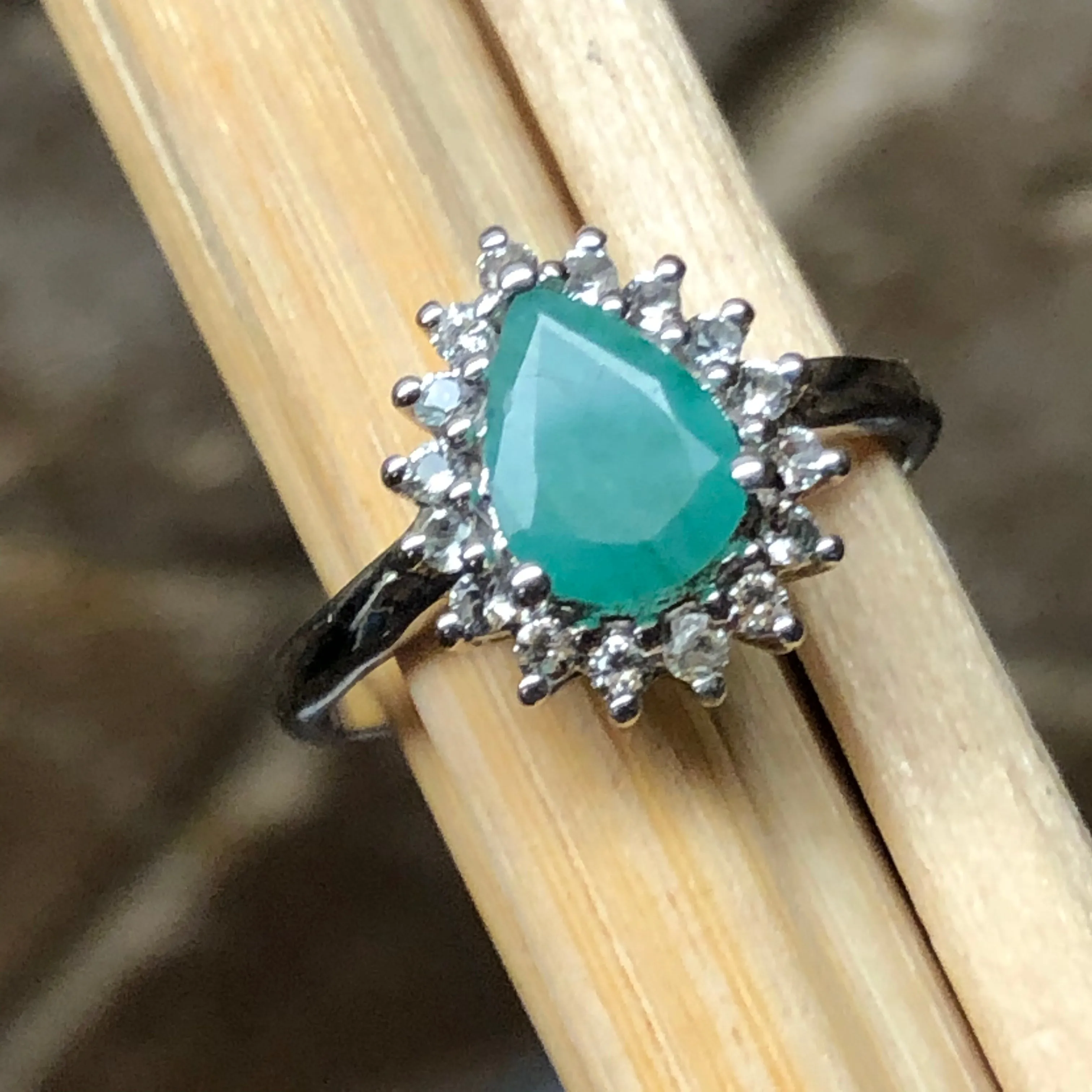 Natural Green Emerald, White Topaz 925 Solid Sterling Silver Engagement Ring Size 6, 7, 8, 9