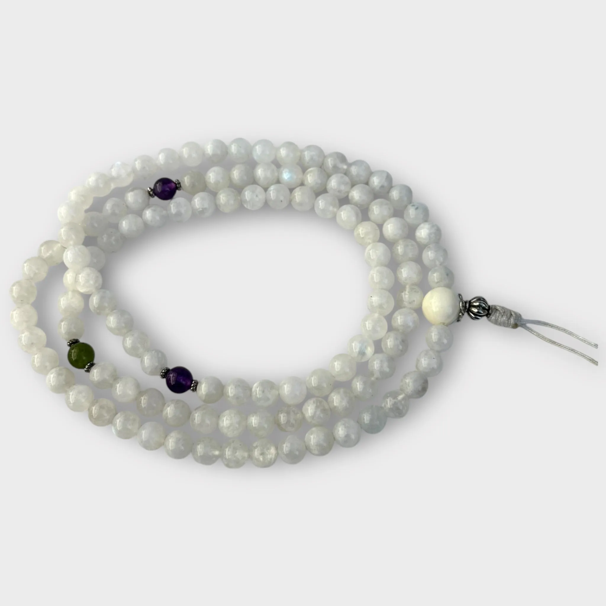 Natural moonstone Mala with amethyst and green jade spacers
