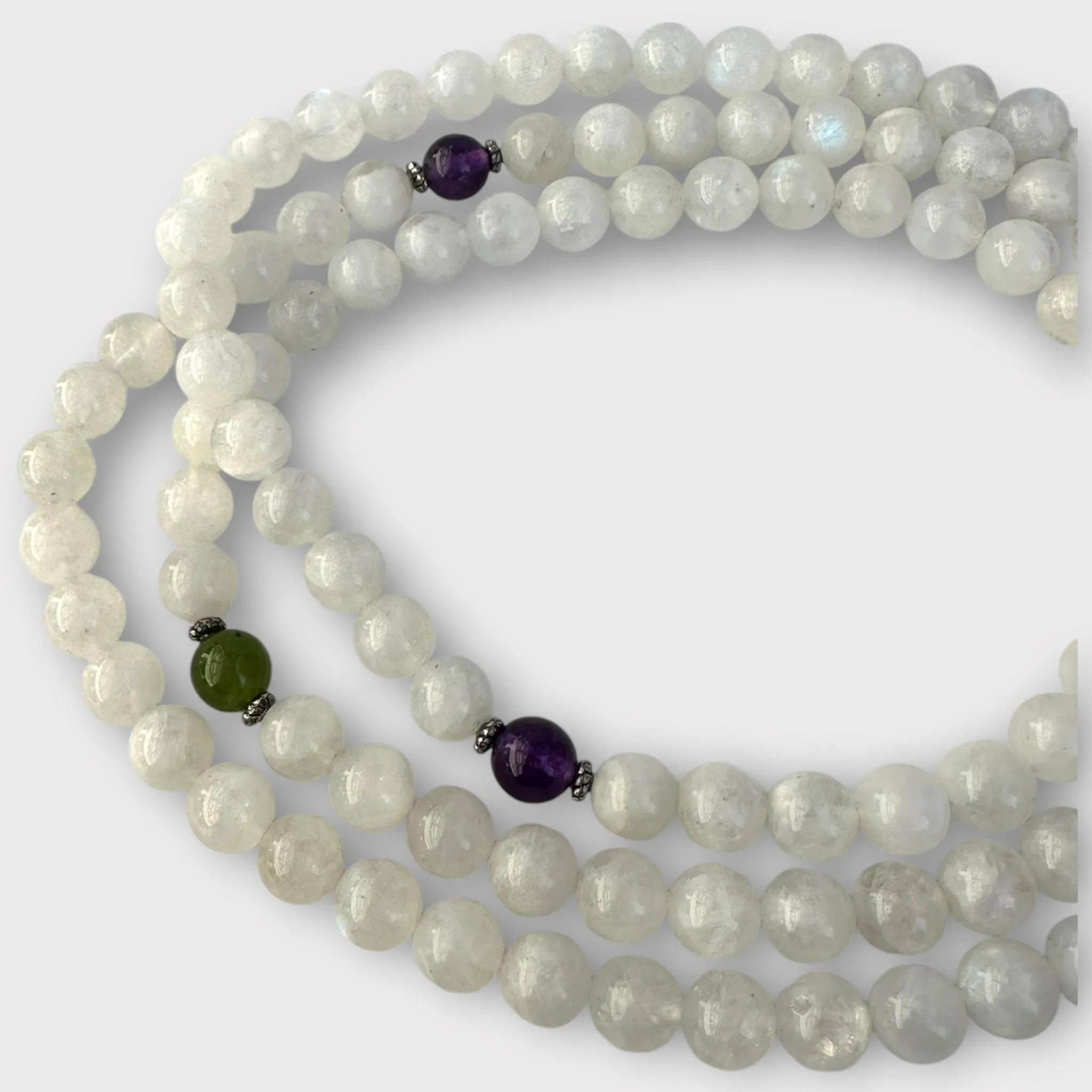 Natural moonstone Mala with amethyst and green jade spacers