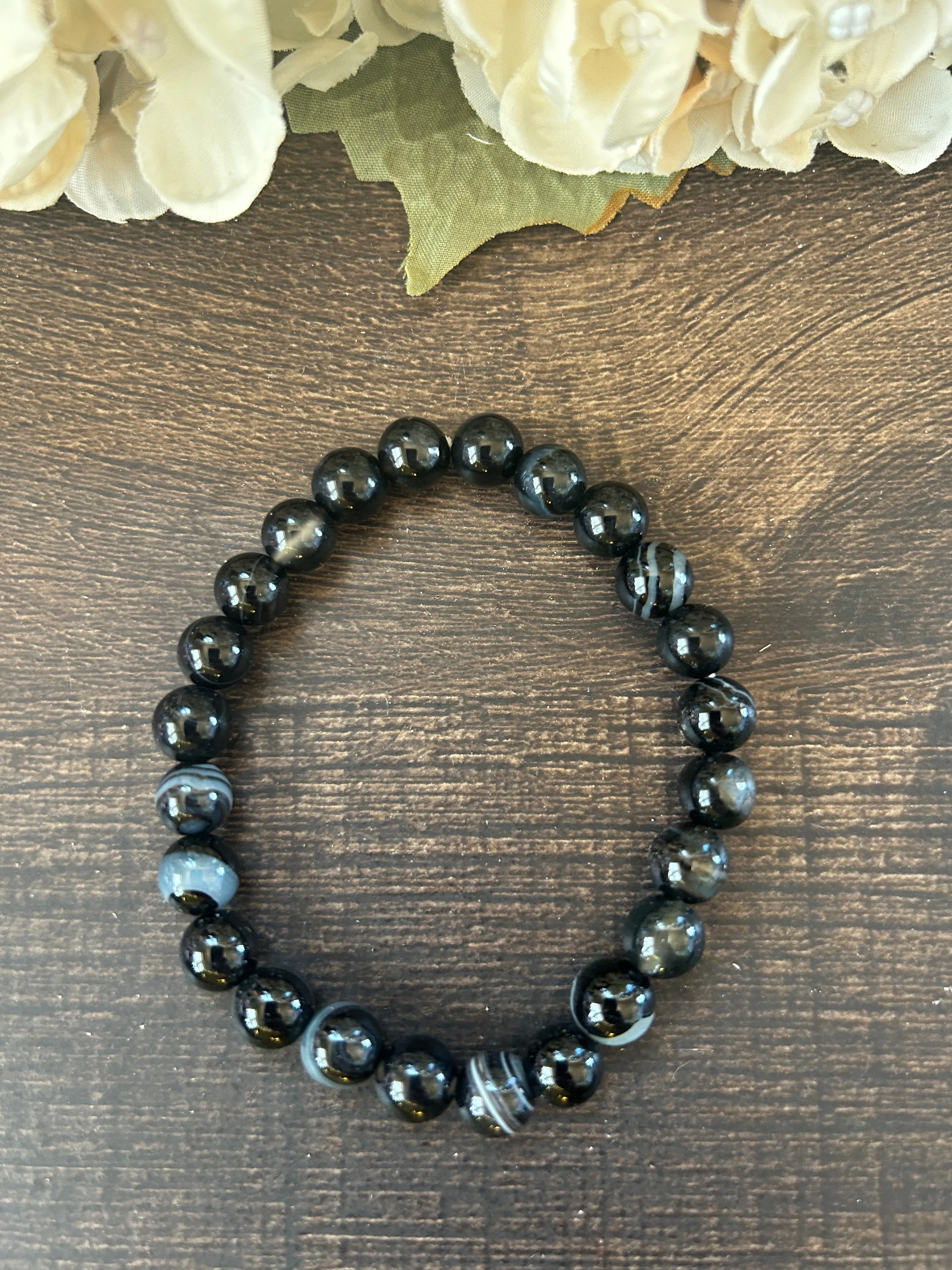 Natural Stone Gem Bracelet 7 inch 8mm stretch-Black Agate