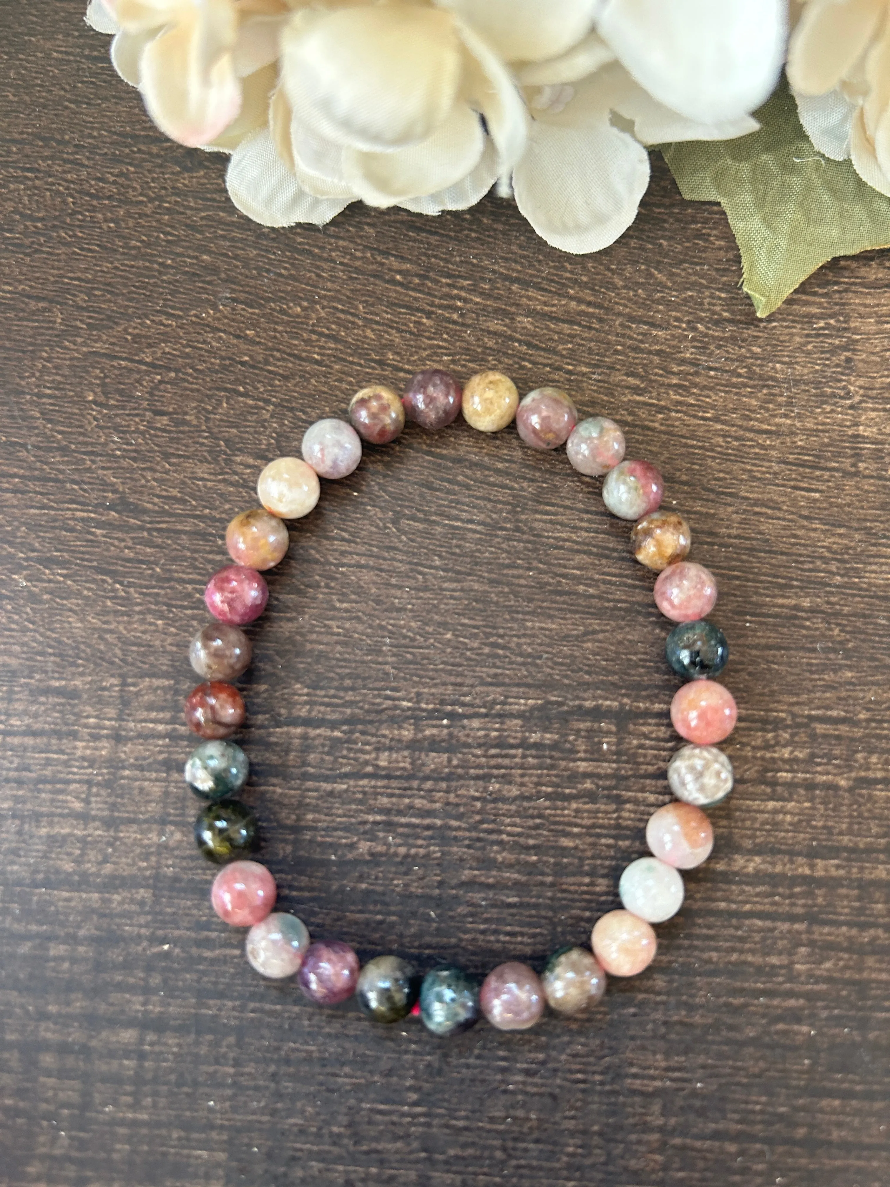 Natural Stone Gem Bracelet 7 inch 8MM Stretch-Mixed Tourmaline