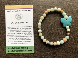 Natural Stone Gem Bracelet 7 inch Stretch-Amazonite w/ Butterfly