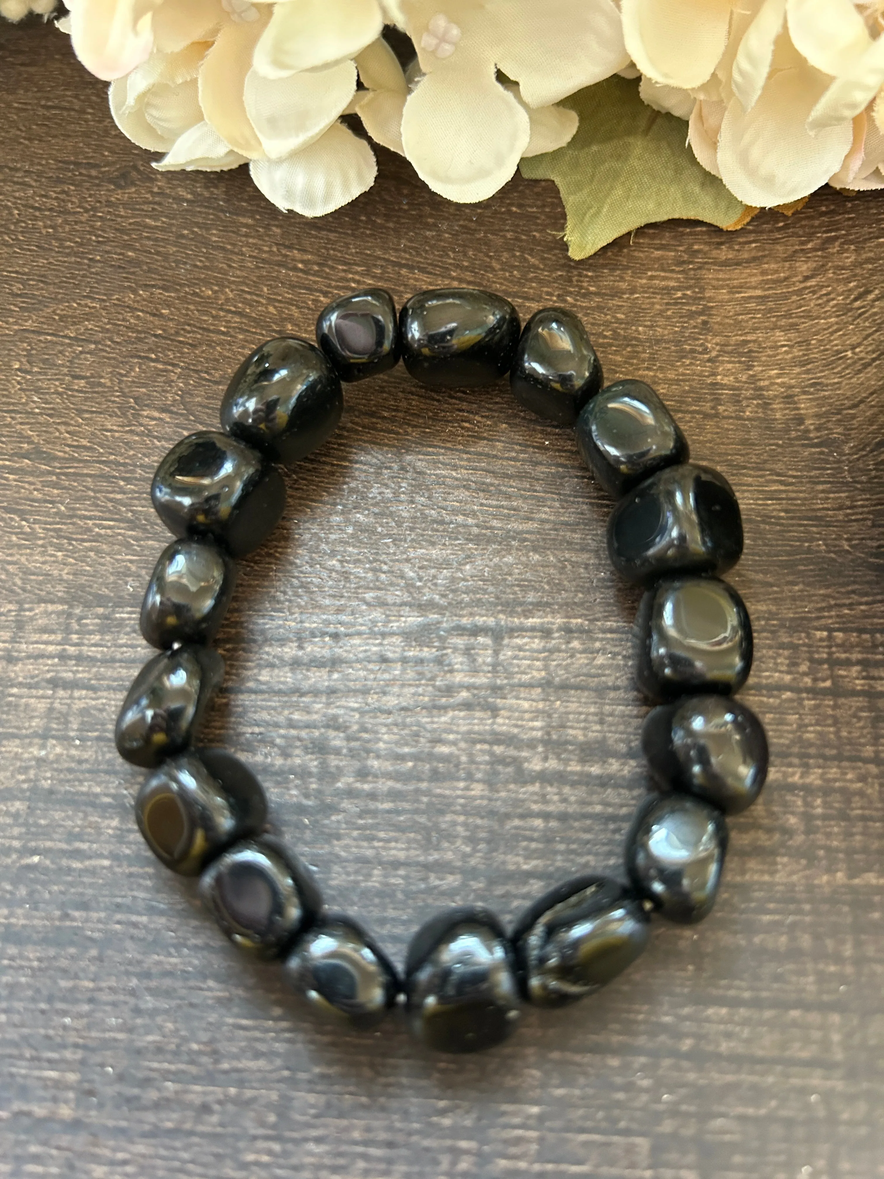 Natural Stone Gem Bracelet 7 inch stretch-Black Obsidian Chunk