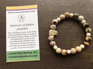 Natural Stone Gem Bracelet 7 inch Stretch-Brown Zebra Jasper W/ Elephant