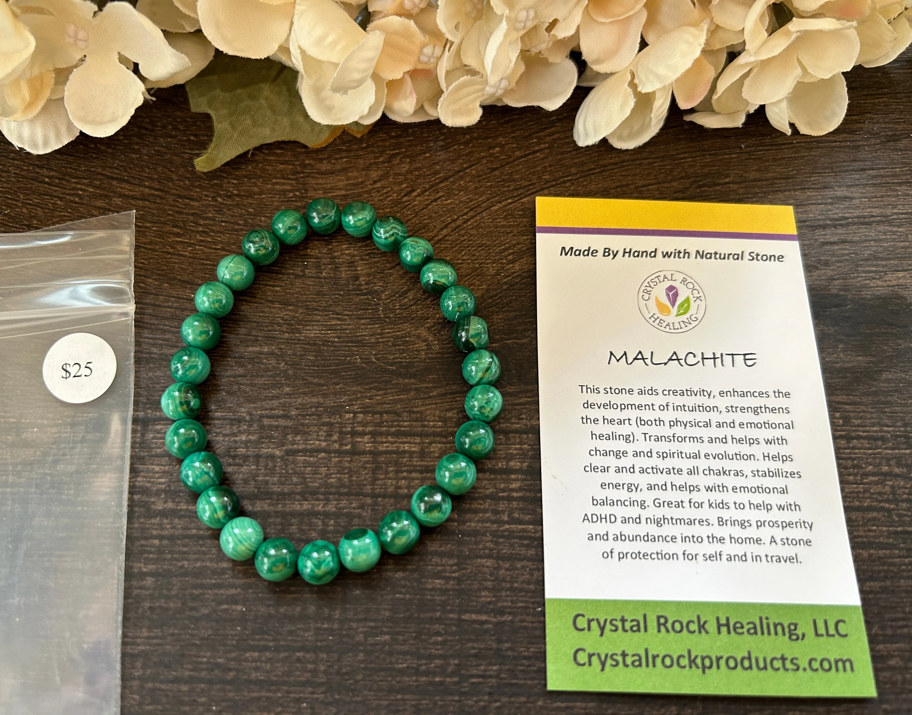Natural Stone Gem Bracelet 7 inch Stretch-Malachite 6mm