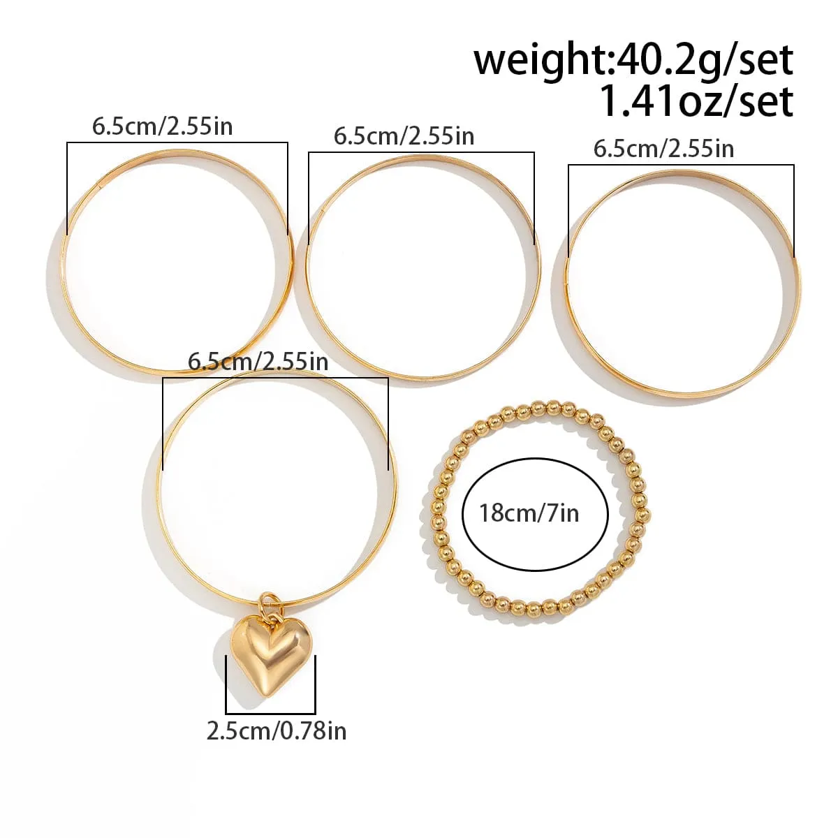 Newly 5pcs Heart Pendant Ball Chain Bangle Bracelet Set